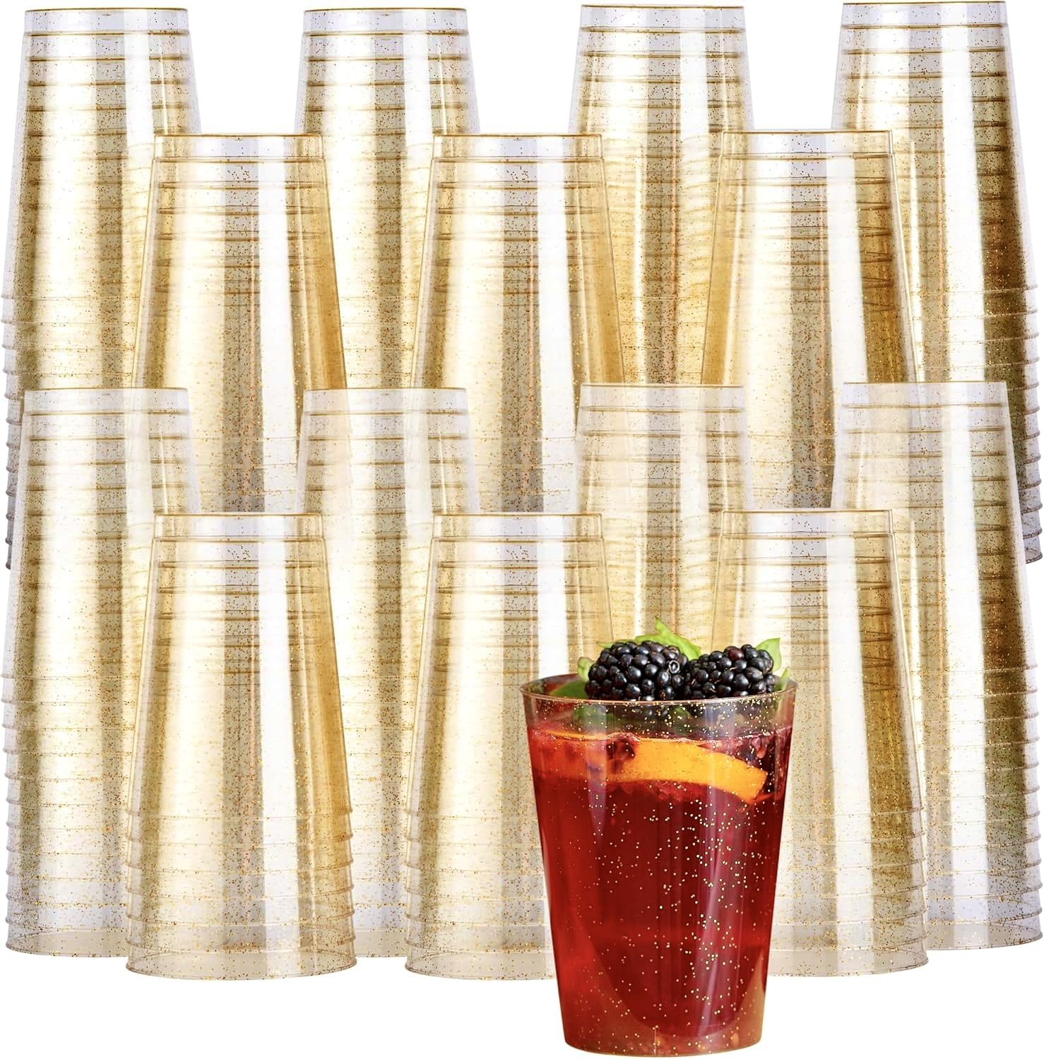 MATANA 100 Premium Clear Hard Plastic Cups with Gold Glitter, Gold Party Cups (280ml / 10oz) - Reusable Glasses, Tumblers for Drinks, Cocktail, Dessert, Wine, Champagne, Wedding, Birthdays, Parties โ image 1