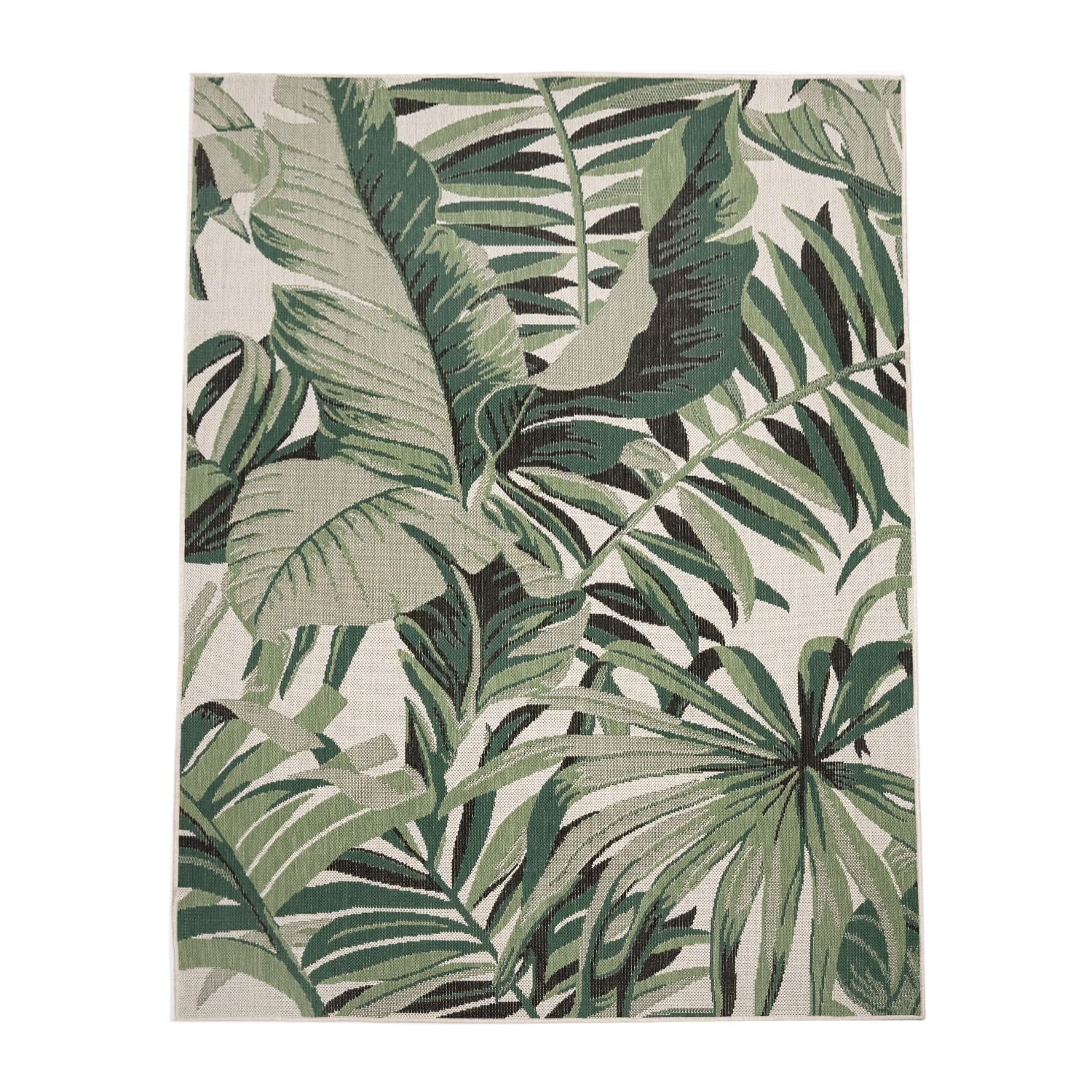 TT Home Tapis Jardin Exterieur Terrasse Cambre Cuisine Balcon Modern Palmiers Fleuri, Couleur: Vert Beige, Dimension:160x230 cm