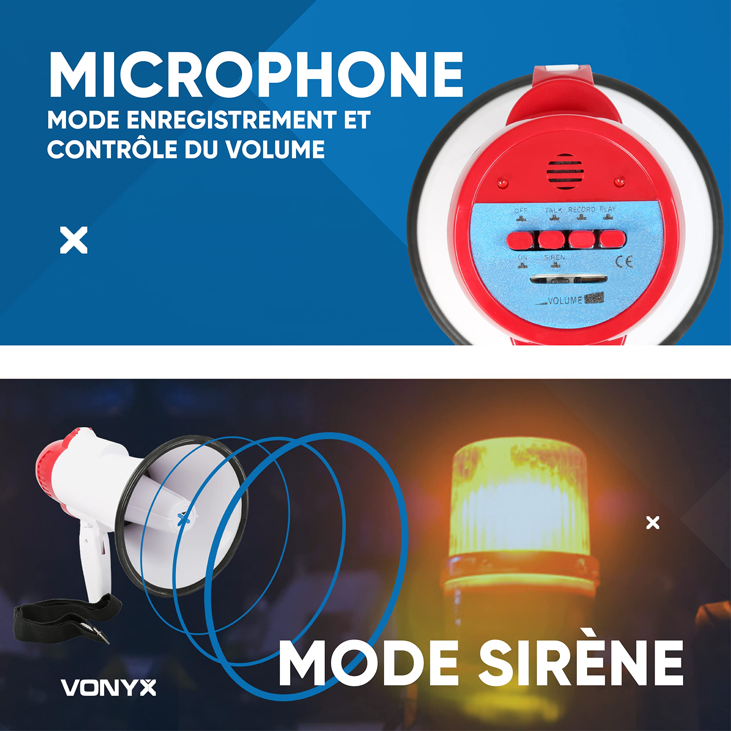 VONYX MEG020 Mégaphone Compact 20W, Idéal pour Manifestations et Matchs Sportifs - Jusqu’à 700 Mètres, Fonctions Enregistrement et Sirène, Poignée avec Dragonne, Réglage du Volume