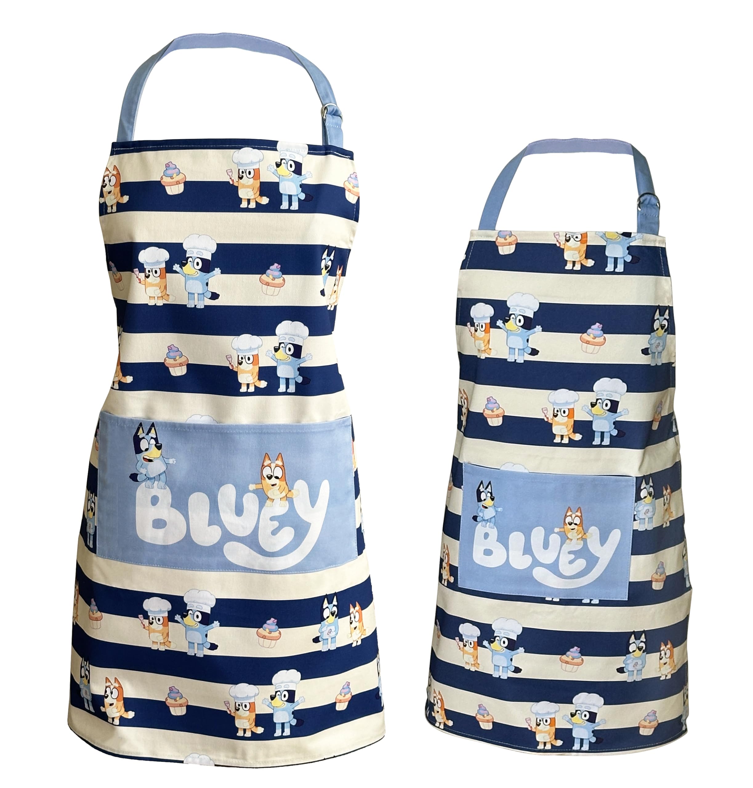Handstand Kitchen Bluey and Bingo 100% Cotton Blue Stripe Print Patch Pocket Apron Collection