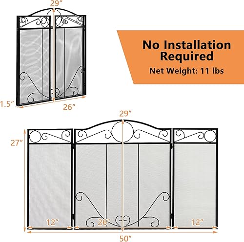 Miniatura 8 de Tangkula Pantalla plegable de 3 paneles para chimenea, valla de protección contra chispas de hierro forjado, cubierta de malla metálica de 48.5 x 29
