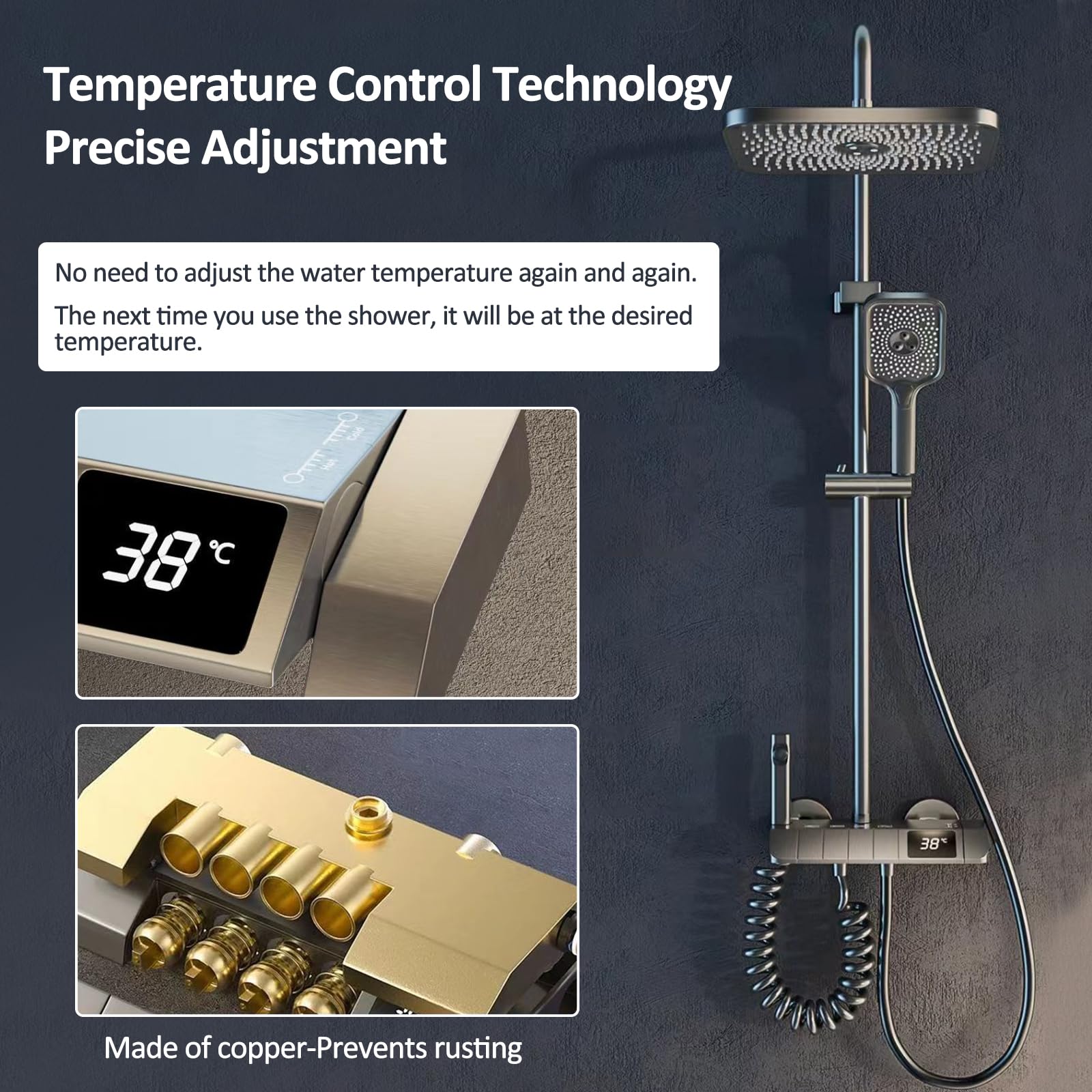 Columna de Ducha con Grifo, 4 Modos Indicación de la temperatura del agua, Columna Ducha con Rociador superior 275 * 185mm, Columna de baño Multifuncional Altura Ajustable