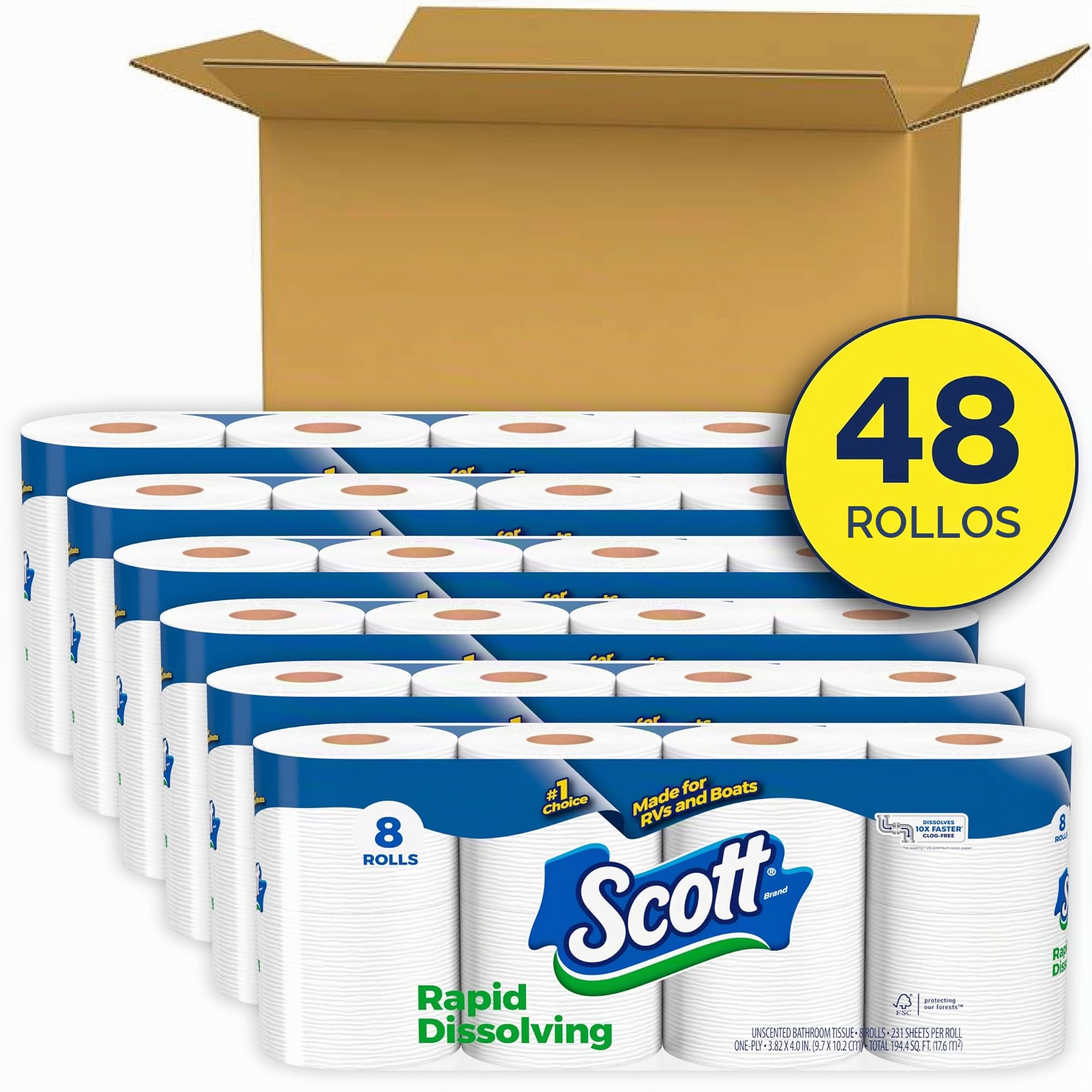 Scott Papel higiénico de disolución rápida, 48 rollos dobles (6 paquetes de 8) = 96 rollos regulares, 231 hojas por rollo, hecho para caravanas y barcos