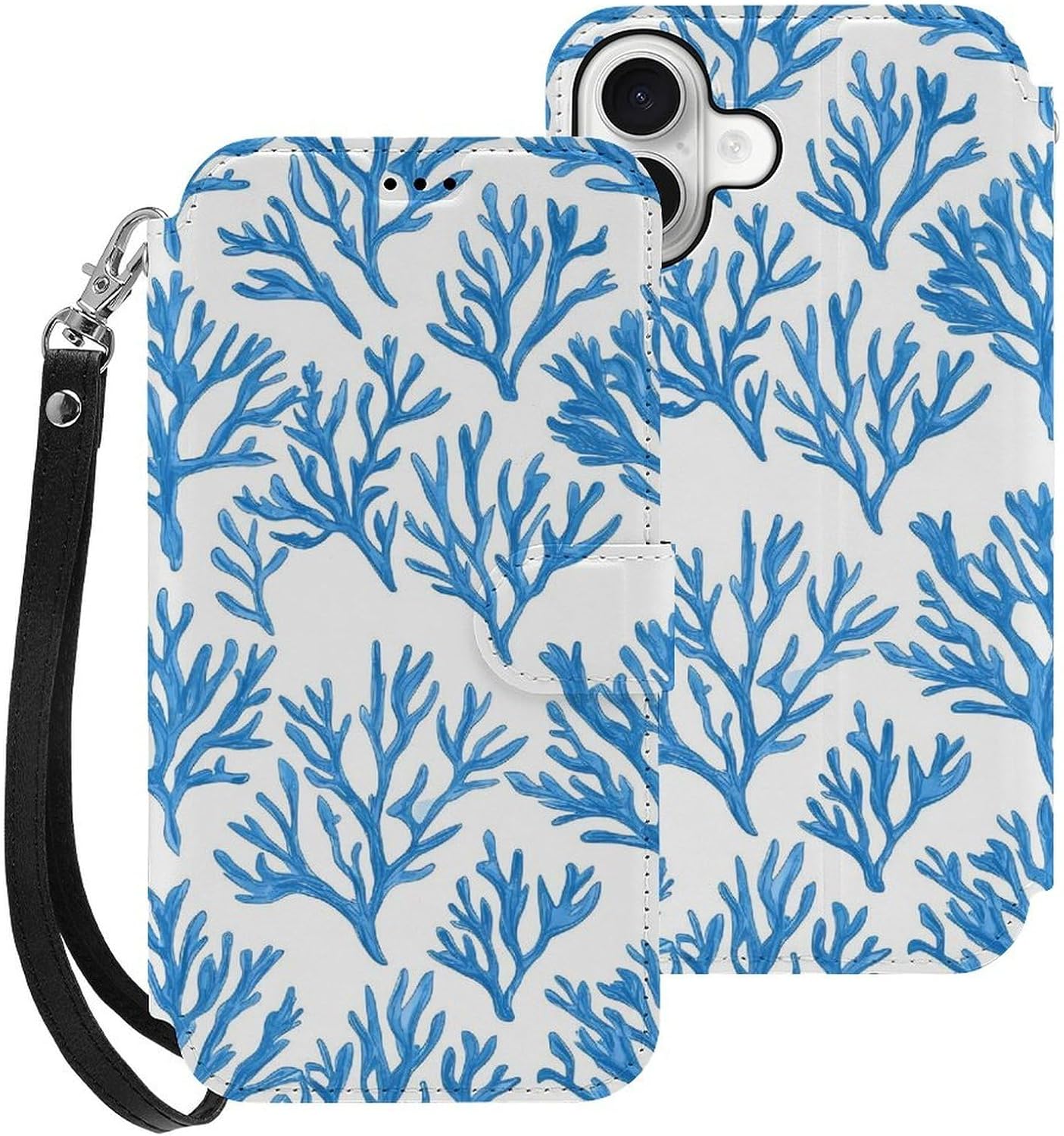 Blue Coral Branch Compatible with iPhone 16/16 Plus/16 Pro/16 Pro Max/16 E Case Phone Wallet Card Holder Flip Cover with Wrist Strap
