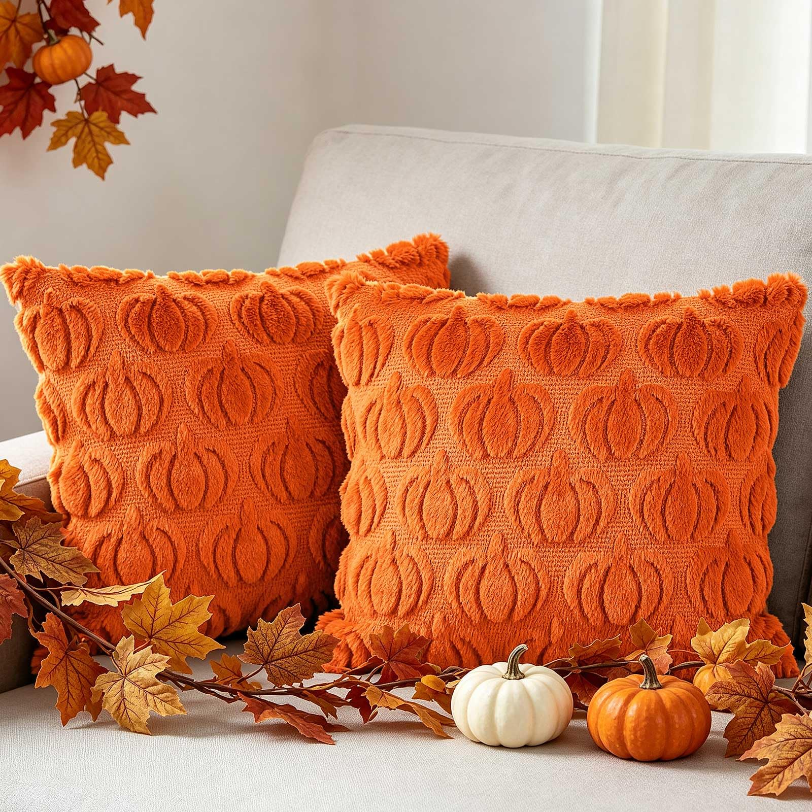 Benjia Fall 16x16 Throw Pillow Covers Set of 2, Autumn Rust Pumpkin Throw Pillow Cases Soft Plush Faux Fur Wool 40 x 40 cm Autumn Cushion Case for Indoor Home Bedroom Couch Sofa Decor (Orange) — image 1