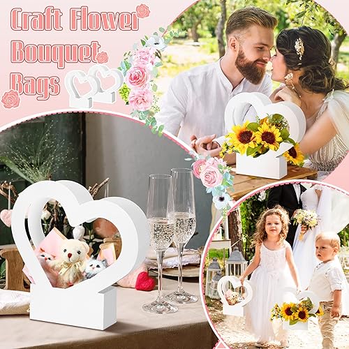 Miniatura 6 de Sinmoe 12 cajas en forma de corazón para flores, bolsas vacías de regalo con asa, cesta plegable para arreglos de boda, graduación (blanco)