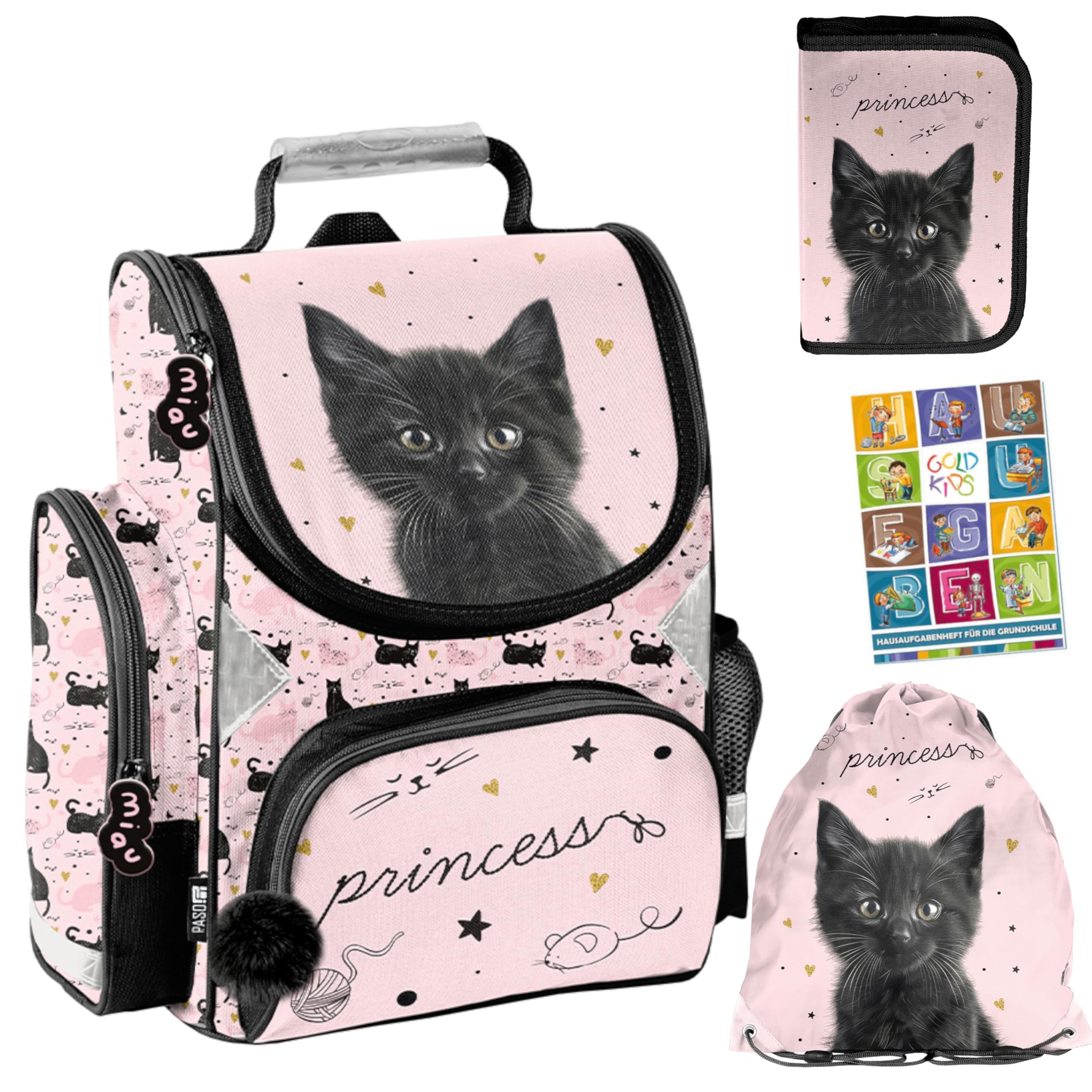 PASO Set di 4 zaini per la scuola per bambini e bambine, con astuccio, astuccio per scarpe e quaderno per i compiti, motivo gatto, 1-3 elementi
