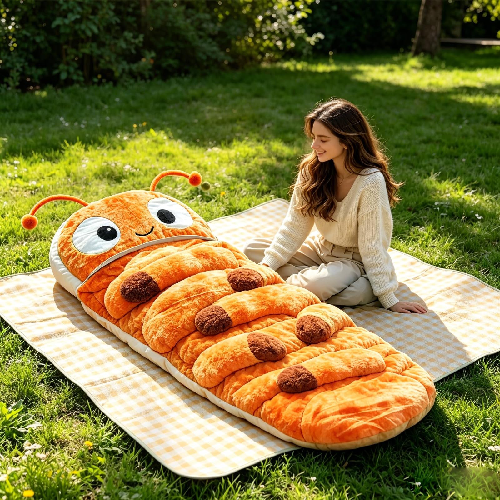 Hugging Caterpillar Sleeping Bags – Plush Cocoon Full-Body Lounger, Indoor Nap Pod, Pull Cord Hugging System, Cozy Reading Nest, Soft Convertible Sleeping Bag, Travel & Indoor Use