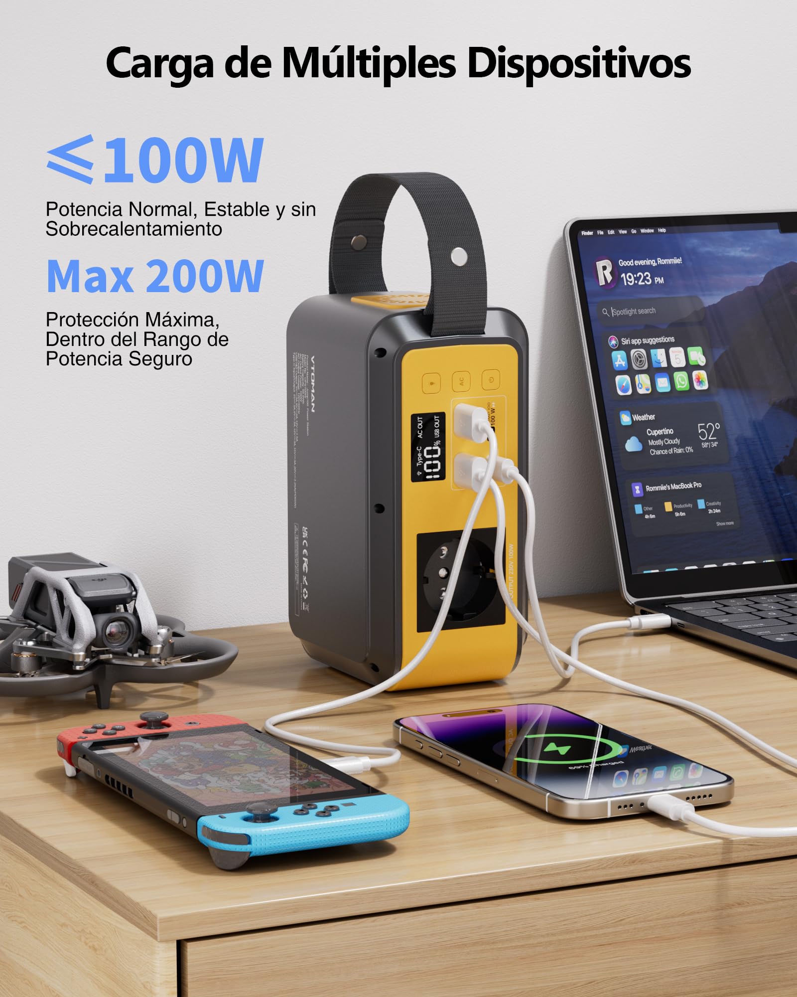 VTOMAN Jump 100 Energía Portátil, 89,6Wh LiFePO4, CA 100W PD 65W | Celdas seguras duraderas, carga múltiple, compacta ligera, camping y emergencias