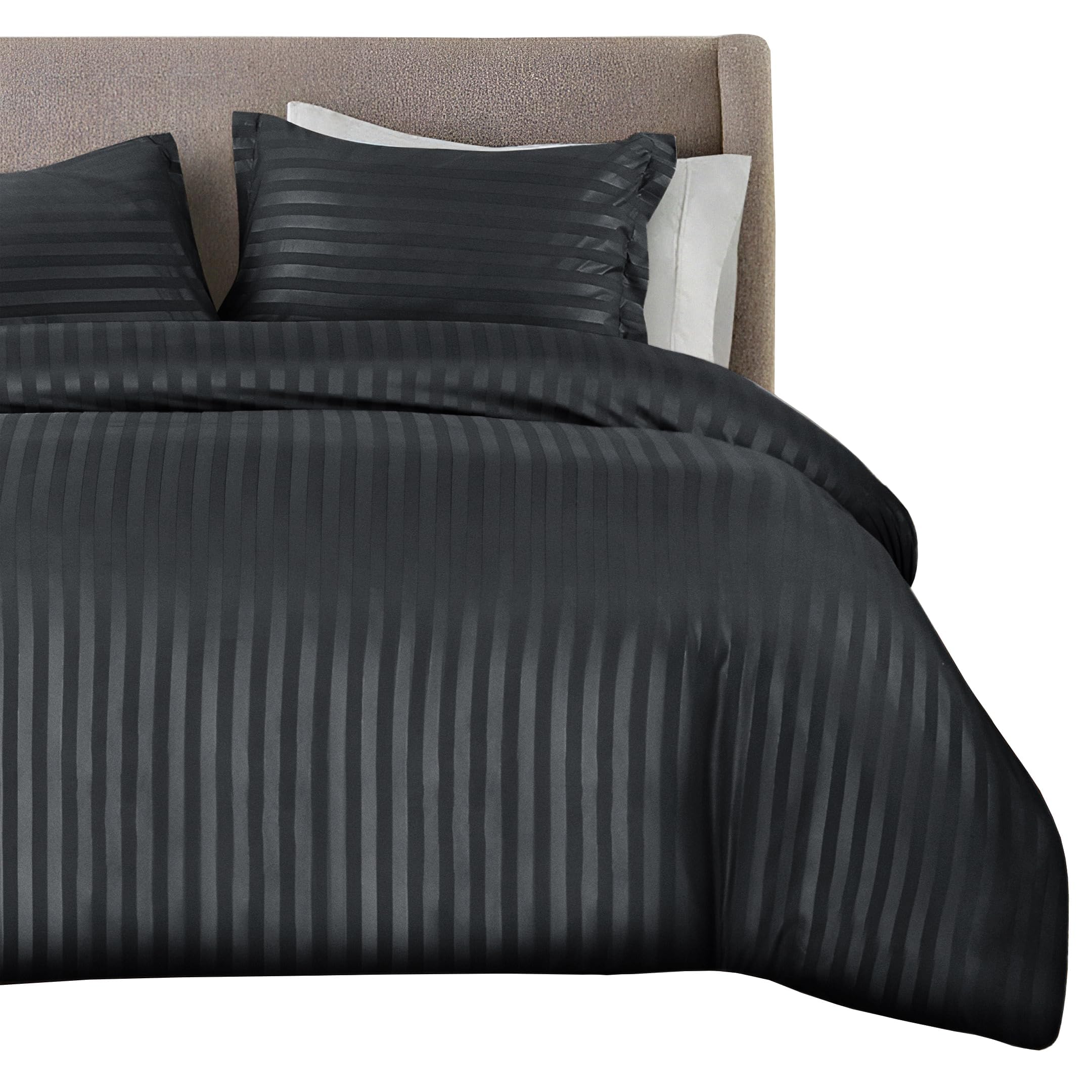 Qatan Black Premium Hotel Quality Satin Stripe Duvet Cover Set With Pillowcases | Reversible Hypoallergenic Soft Quilt Bedding | Easy Care Breathable Luxury Linen (, Single)