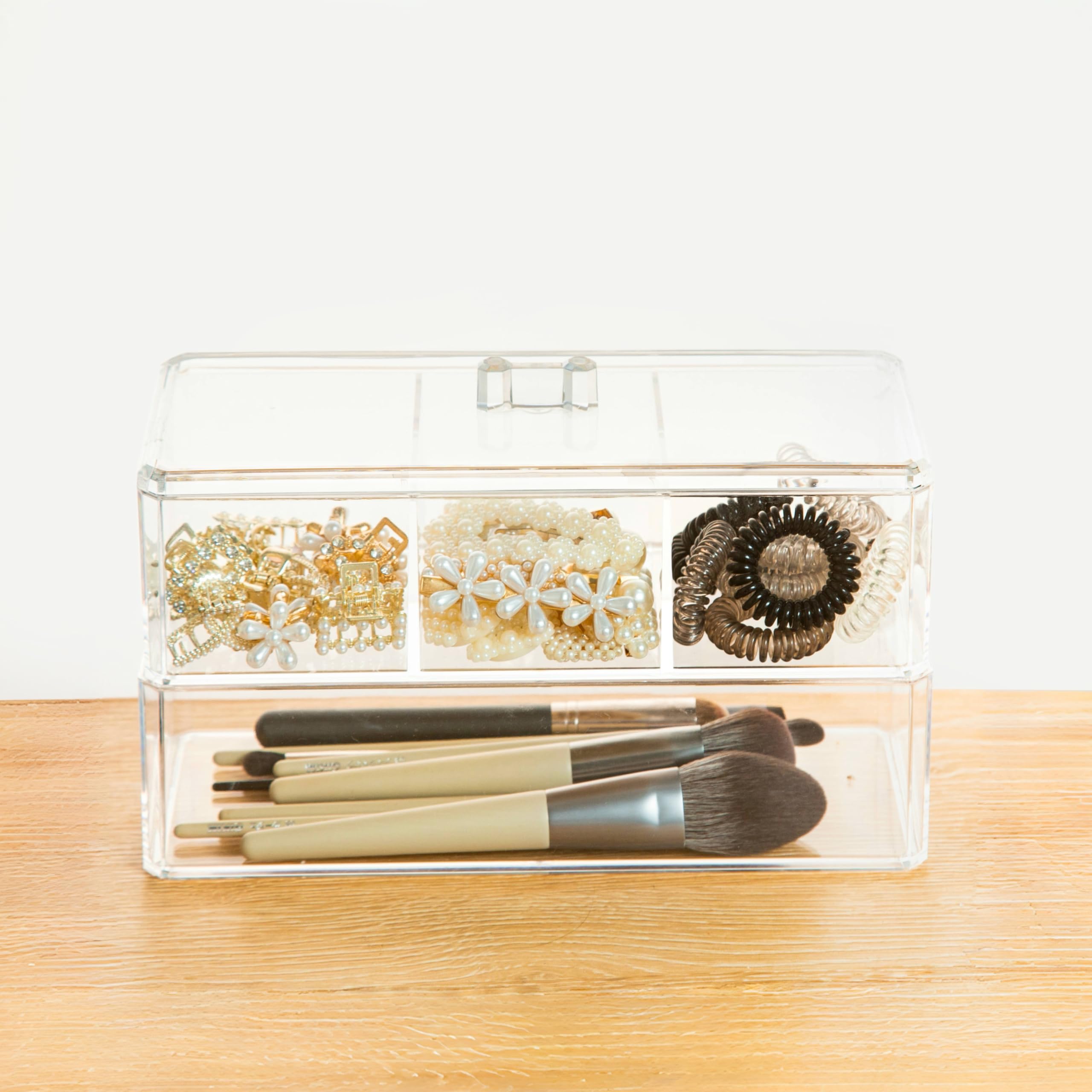 Organizador de accesorios para el cabello de 2 capas para niñas, organizador acrílico para diadema, lazos, pinza para el cabello, organización de hisopos de algodón, soporte para clip para el 2