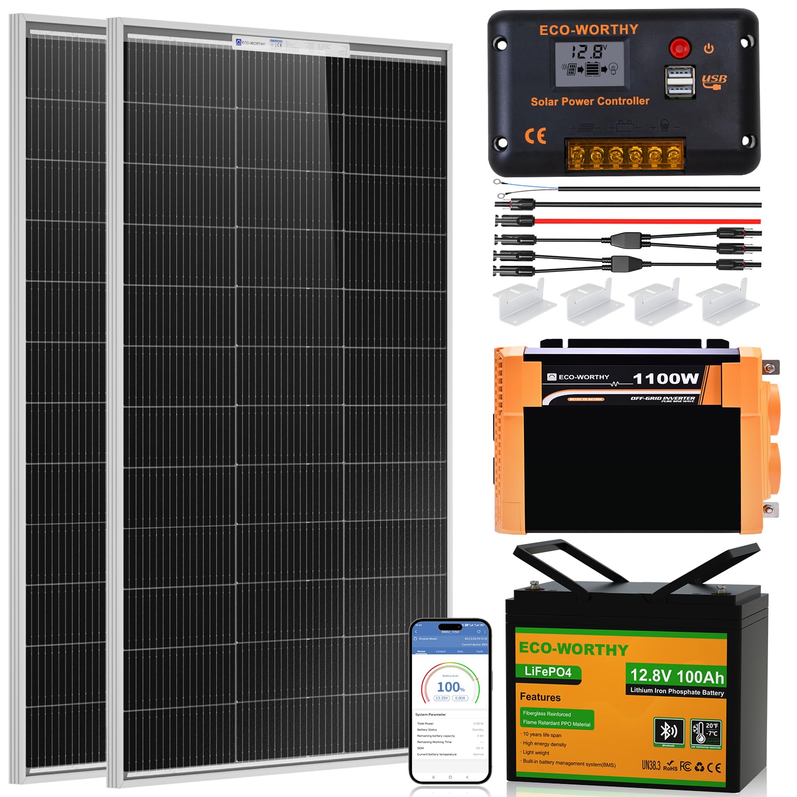 ECO-WORTHY 200 Watt 12V Complete Solar Panel Starter Kit for RV Off Grid with Battery and Inverter: 2pcs 100W Solar Panel + 30A Charge Controller + 100Ah Lithium Battery + 1100W Premium Solar Inverter