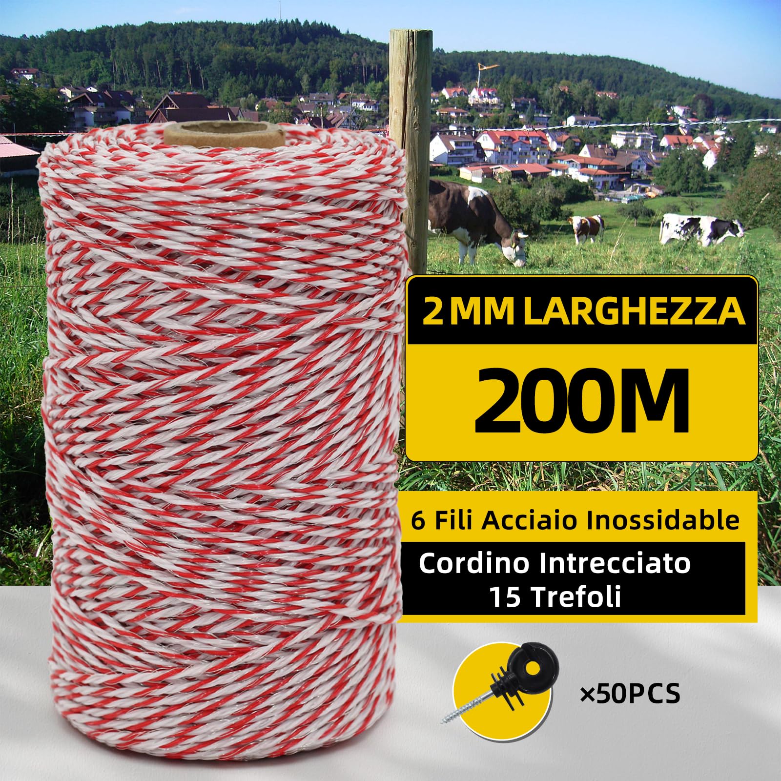 Kit conduttivo di rete per recinzione, versione migliorata, filo di acciaio a 6 fili, filo di recinzione elettrica, con 50 isolatori e strumento di installazione con 1 chiave isolante, adatto