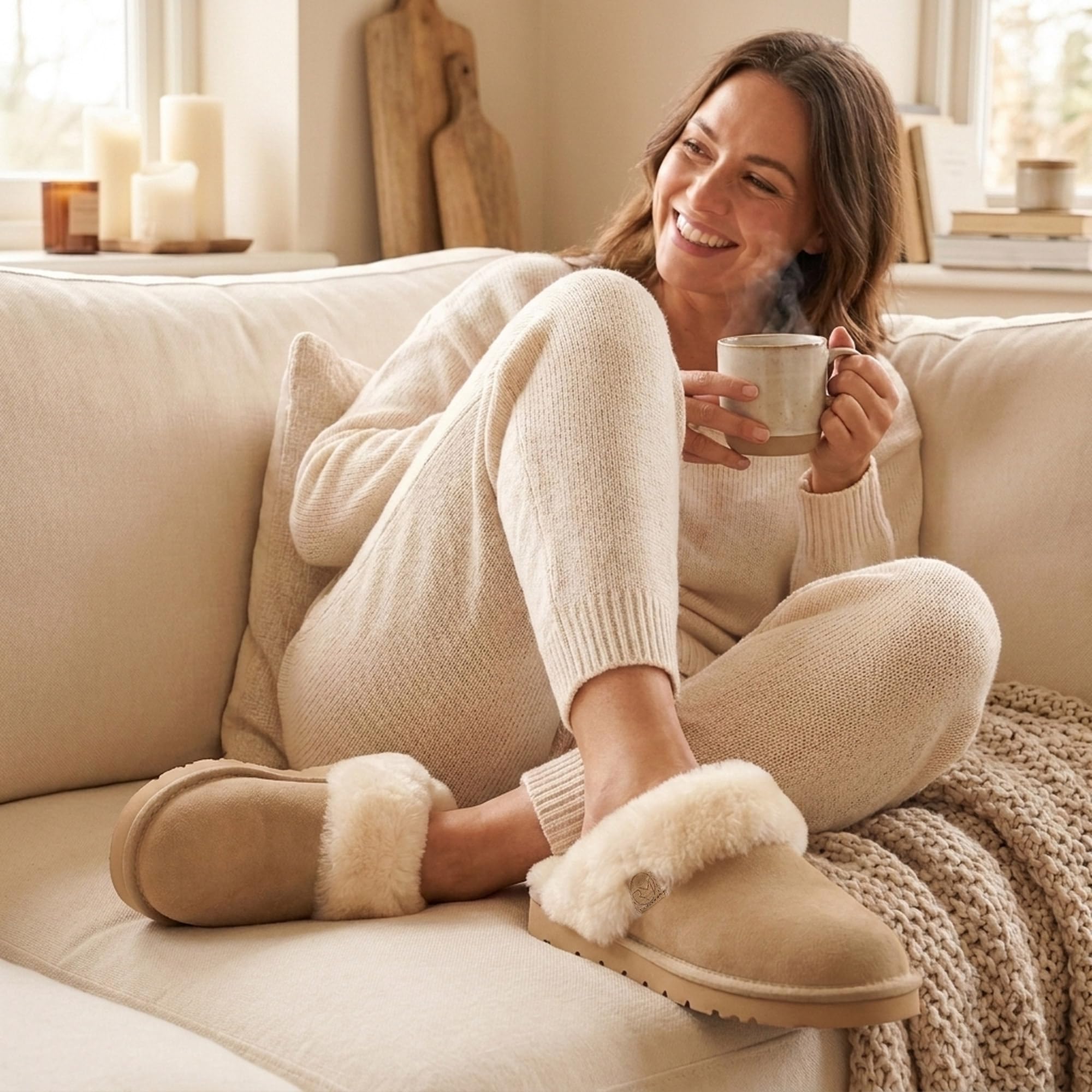 Rohn Moden Lammfell Hausschuhe Damen– Talea – Warme Hausschuhe Damen mit Schaffell & rutschfester EVA-Sohle – Winter Pantoffeln für zuhause – Slipper gefüttert - Braun Rose Grau