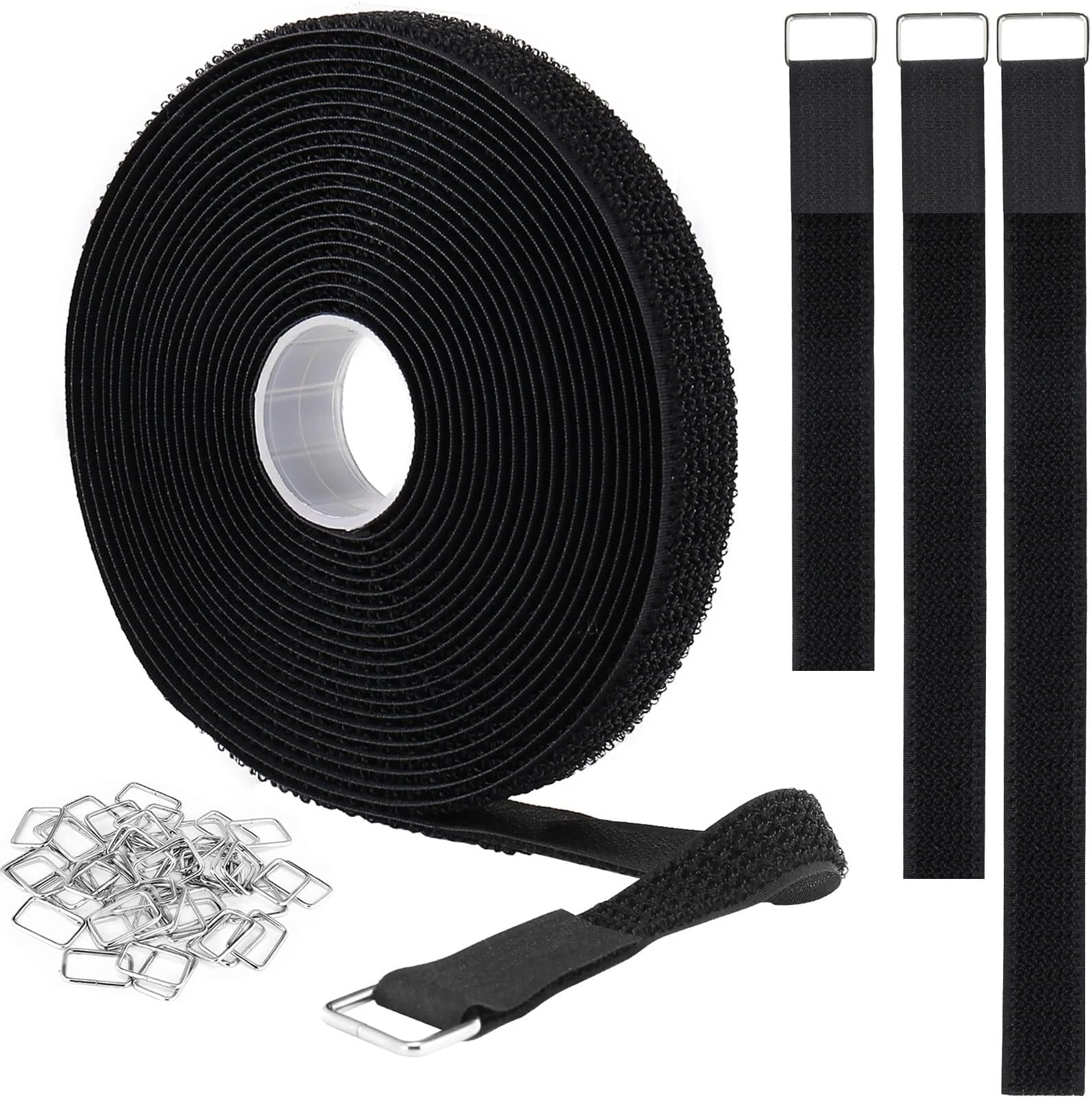 YMCRLUX 1"x16ft Hook and Loop Straps with 25 Metal Buckles, Adjustable Fastening Cable Straps, Cut-to-Length Cinch Strap, Reusable Nylon Securing Cord Ties for Organizer or Storage, 1 inch Wide, Black