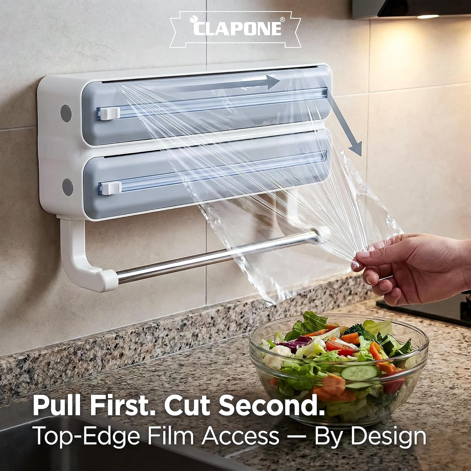Foil Paper Cutter and Holder Aluminium Foil and Plastic Wrap Organizer with Paper Towel Holder Compatible with Cling Film Tin Foil and Wax Paper Plastic Wrap Dispenser with Cutter (Dual Layer Grey)