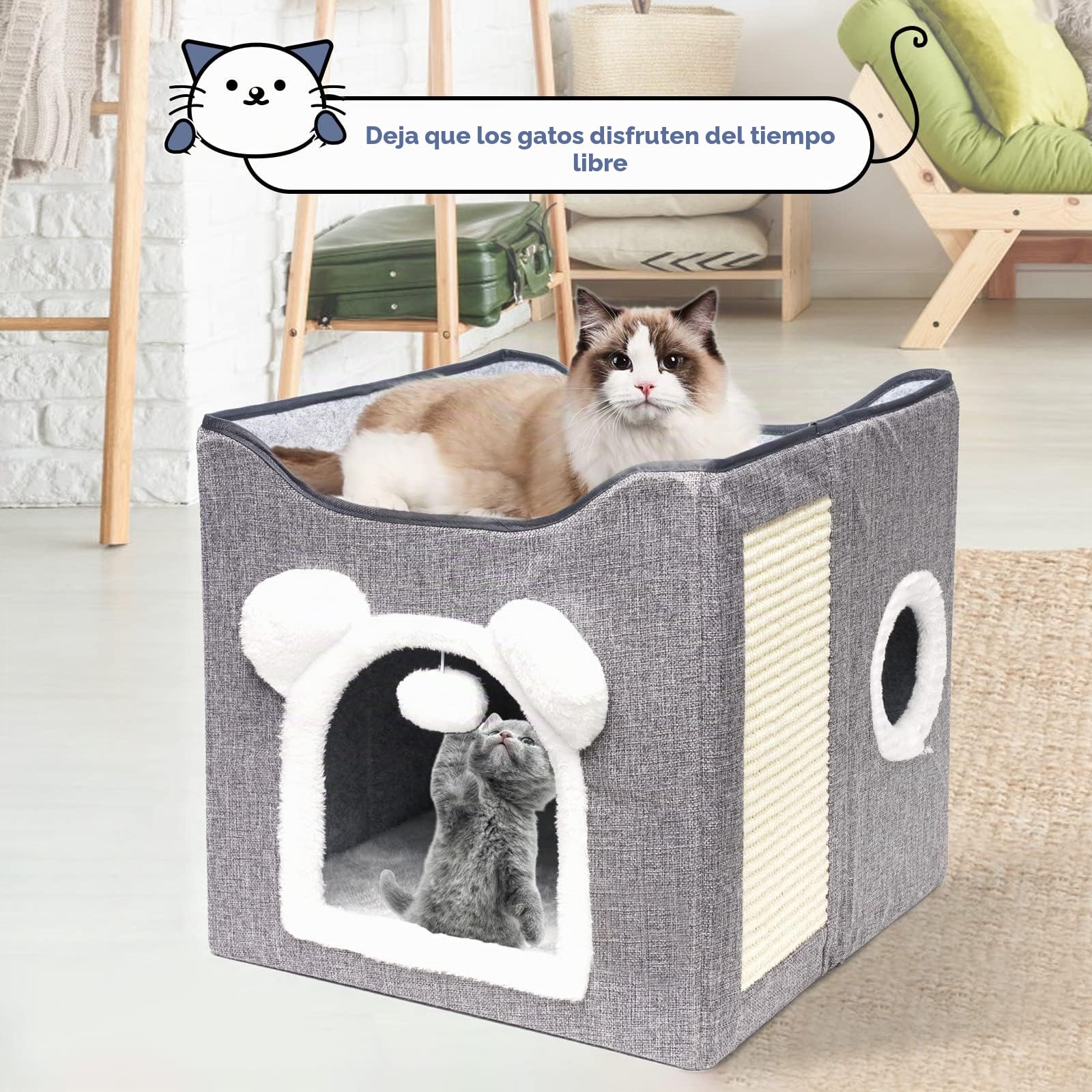 Casa Gatos Interior, Cama para de Interior 40×40×40 cm, diseño con Bola esponjosa Colgante y Alfombra para rascar, escondite Plegable para (Gris)