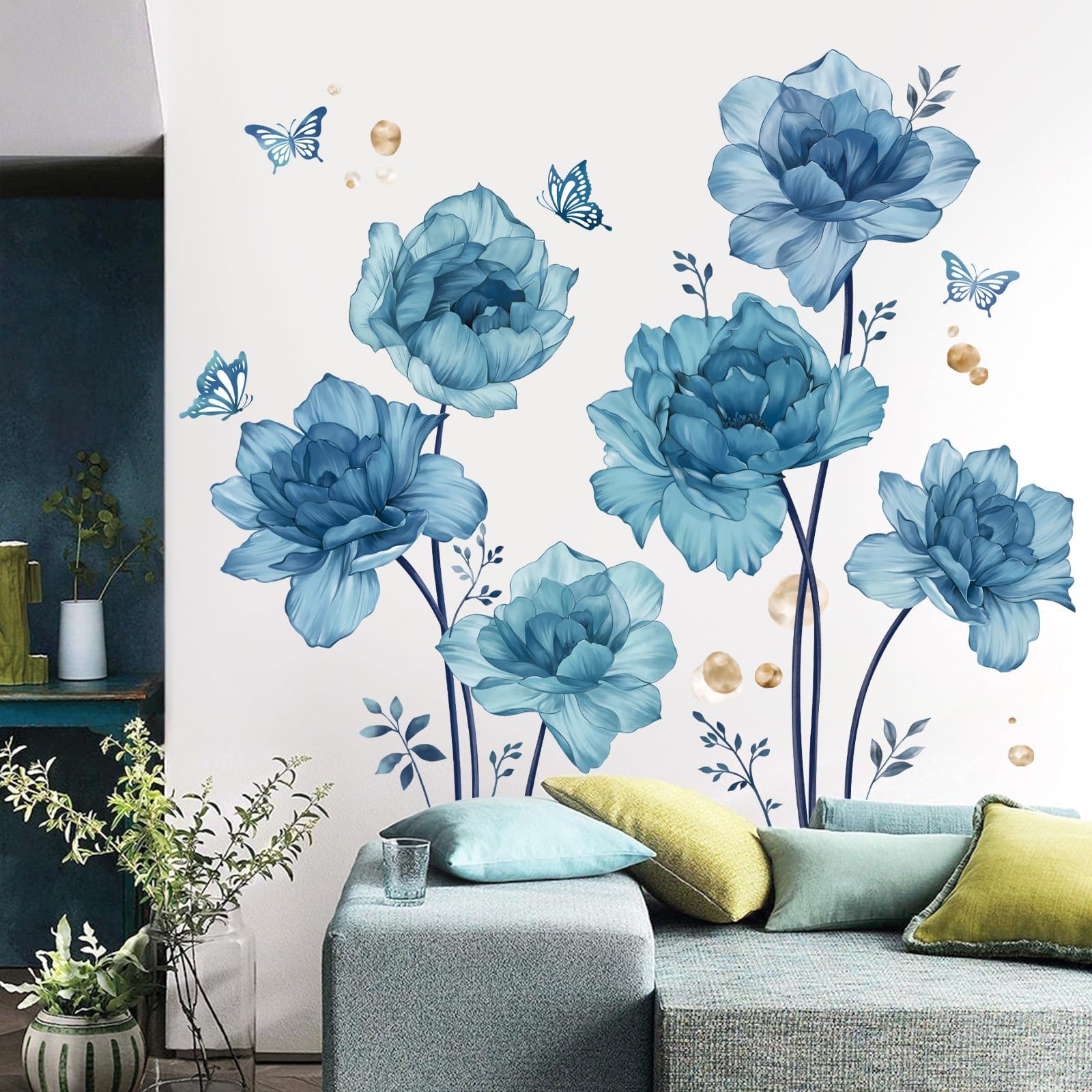 Amazon.com: Blue Flower Wall Decals Peel and Stick Floral Plants Wall ...