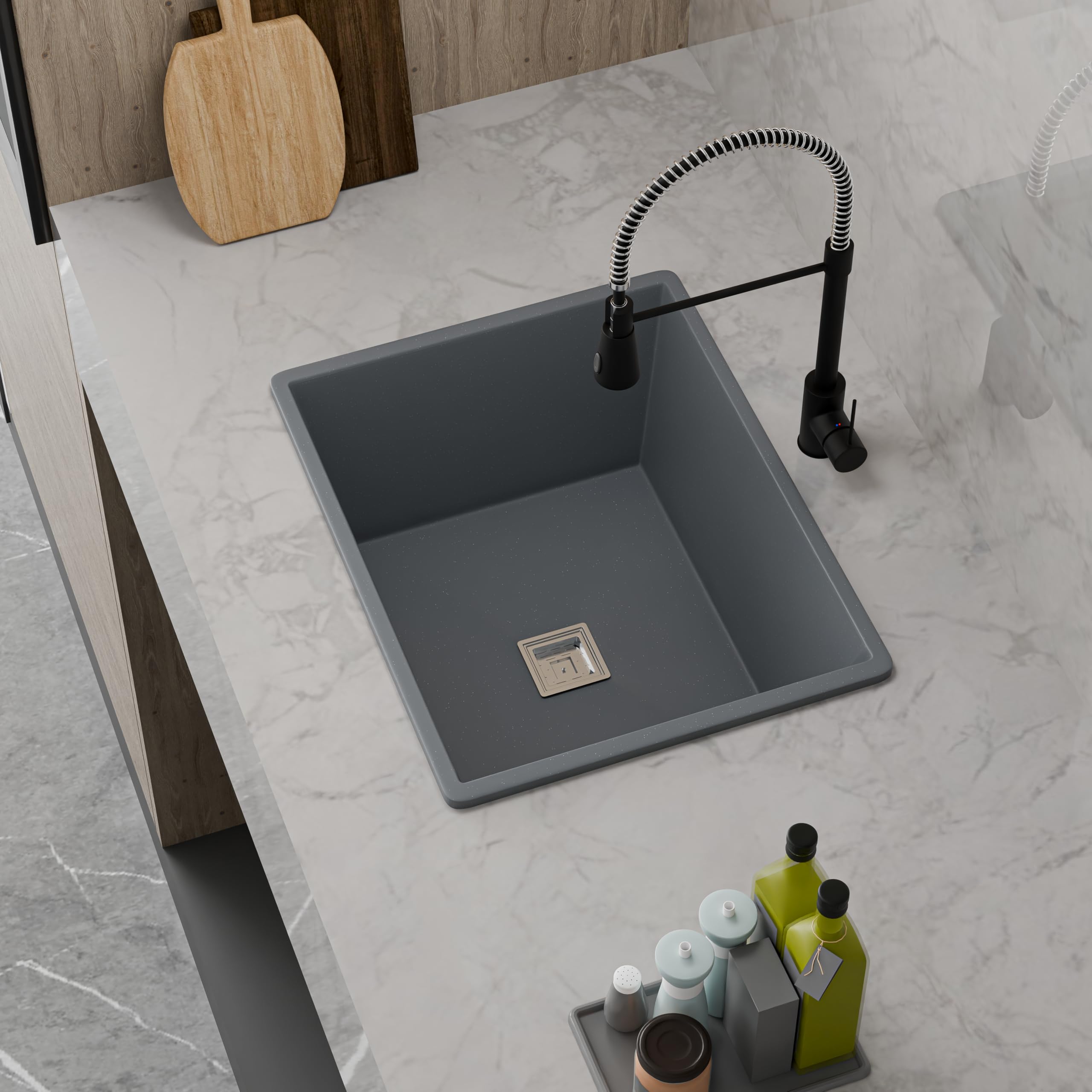 HISRE Single Bowl Quartz Kitchen Sink 16X18X8 Inch | Deep Undermount or Drop In Basin for Kitchen | Easy Clean and Scratch Resistant | Heavy Duty Construction for Long Lasting Use | Gray, photo 3 of 4
