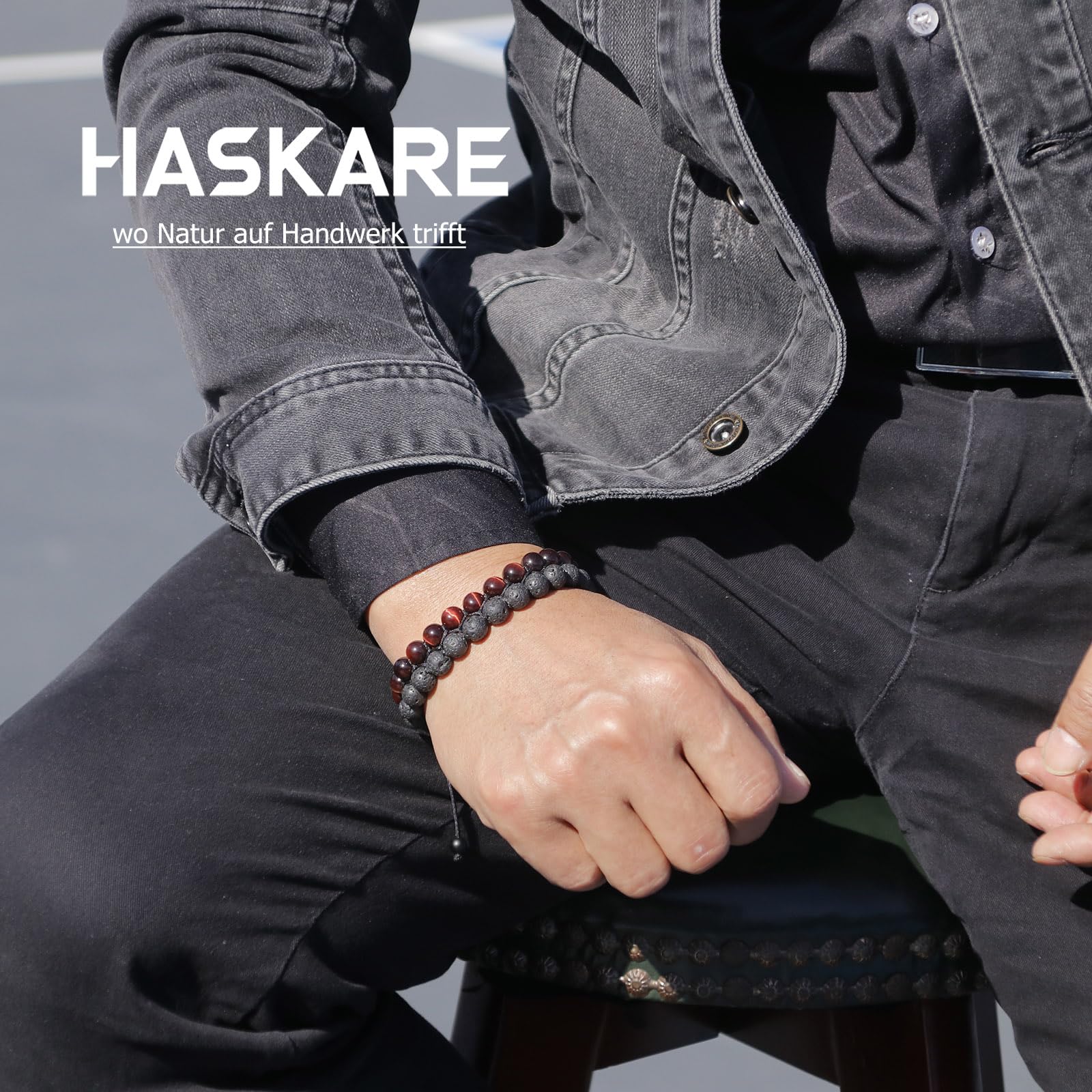 HASKARE Armband Stein Tigerauge Armband für Herren, Echte Steine Perlenarmband Rot Tigerauge Lava Doppelte Perlen Armbander für Männer 19cm, Handmade Energie Edelstein Armband aus für Ihn