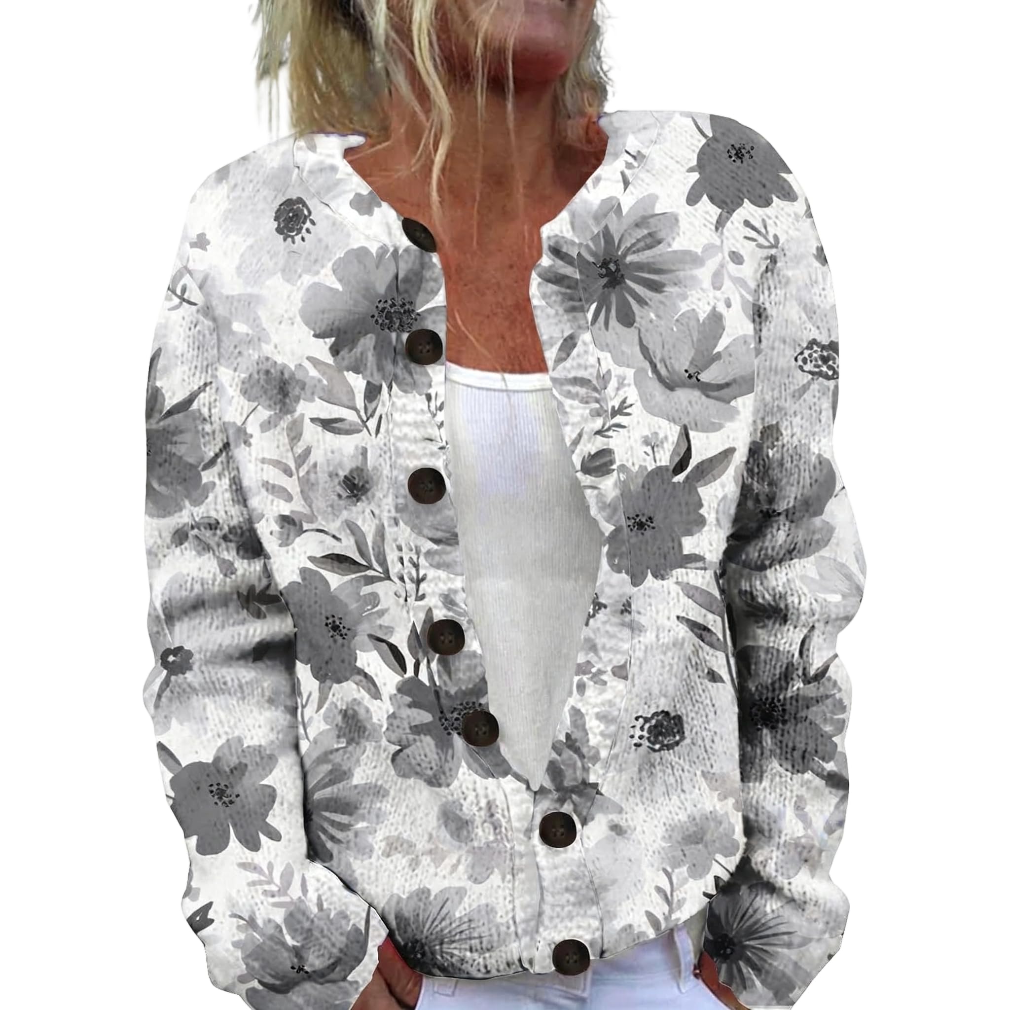 Womens Floral Print Button Down Cardigan Long Sleeve Knit Sweater Top for Casual Work Office Layering or Everyday