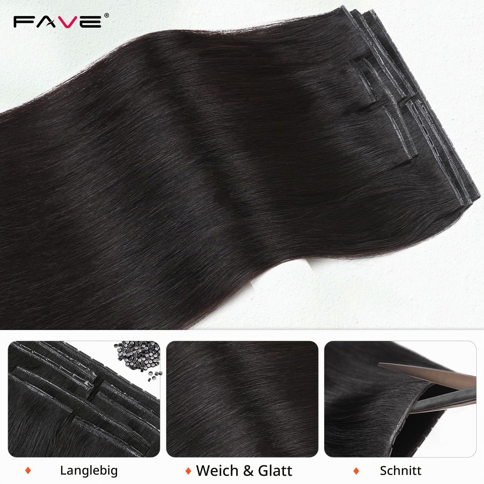 FAVE 100g Echthaar Extensions 45cm, 8-teilig, Butterfly Weft | Schwarz Natur, 100% Remy Echthaar, PU Skin Basis, Mikroperlen, Doppel-Tabs, Kleberfrei, Wiederverwendbar für Alltag, Hochzeit