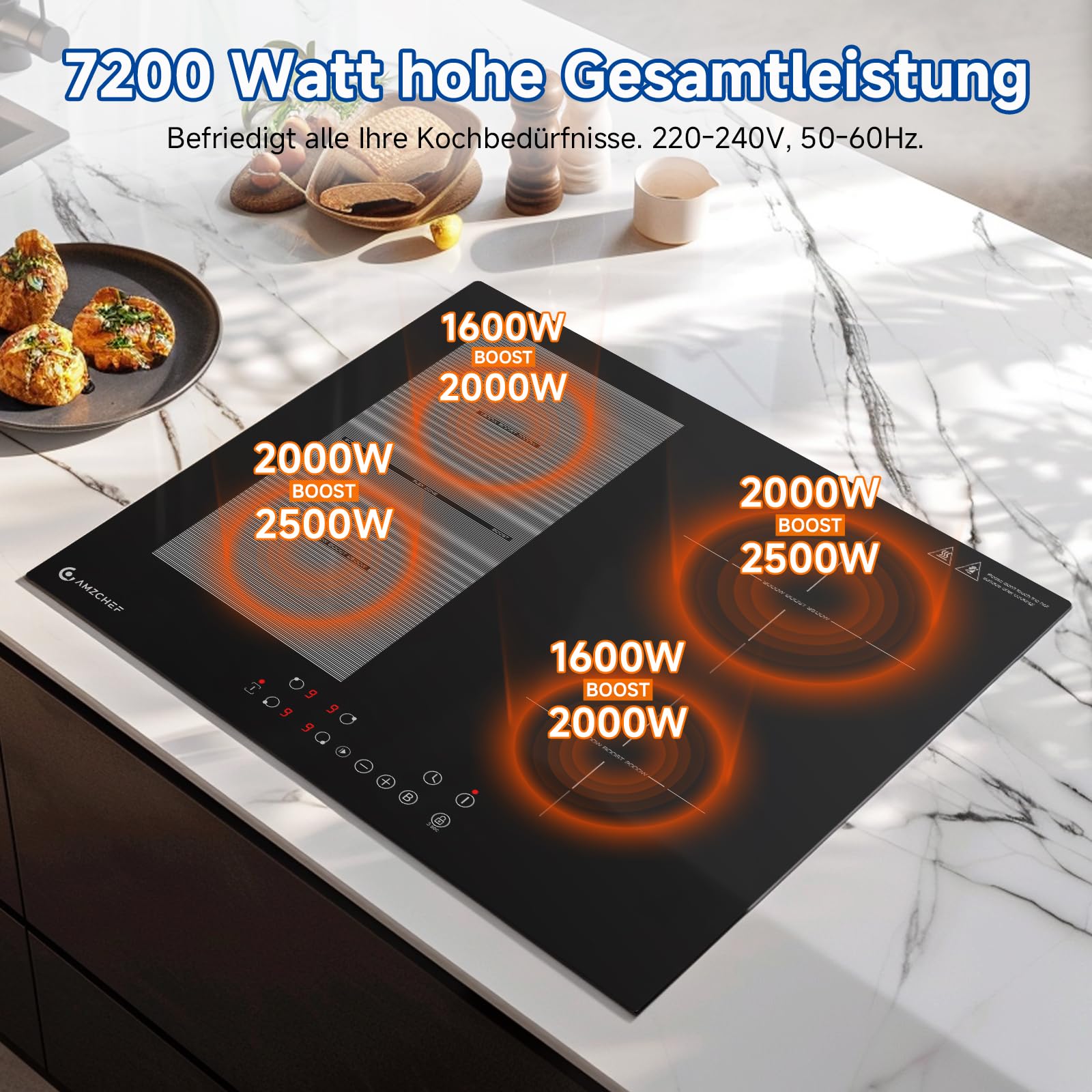 AMZCHEF Induktionskochfeld 60cm mit Flexzonen, 4 Zonen Induktionskochplatte mit Boost-Funktion und 9 Leistungsstufen, Pausenfunktion, Timer, Sicherheitsschloss, Überhitzungsschutz, BBQ, 7200W