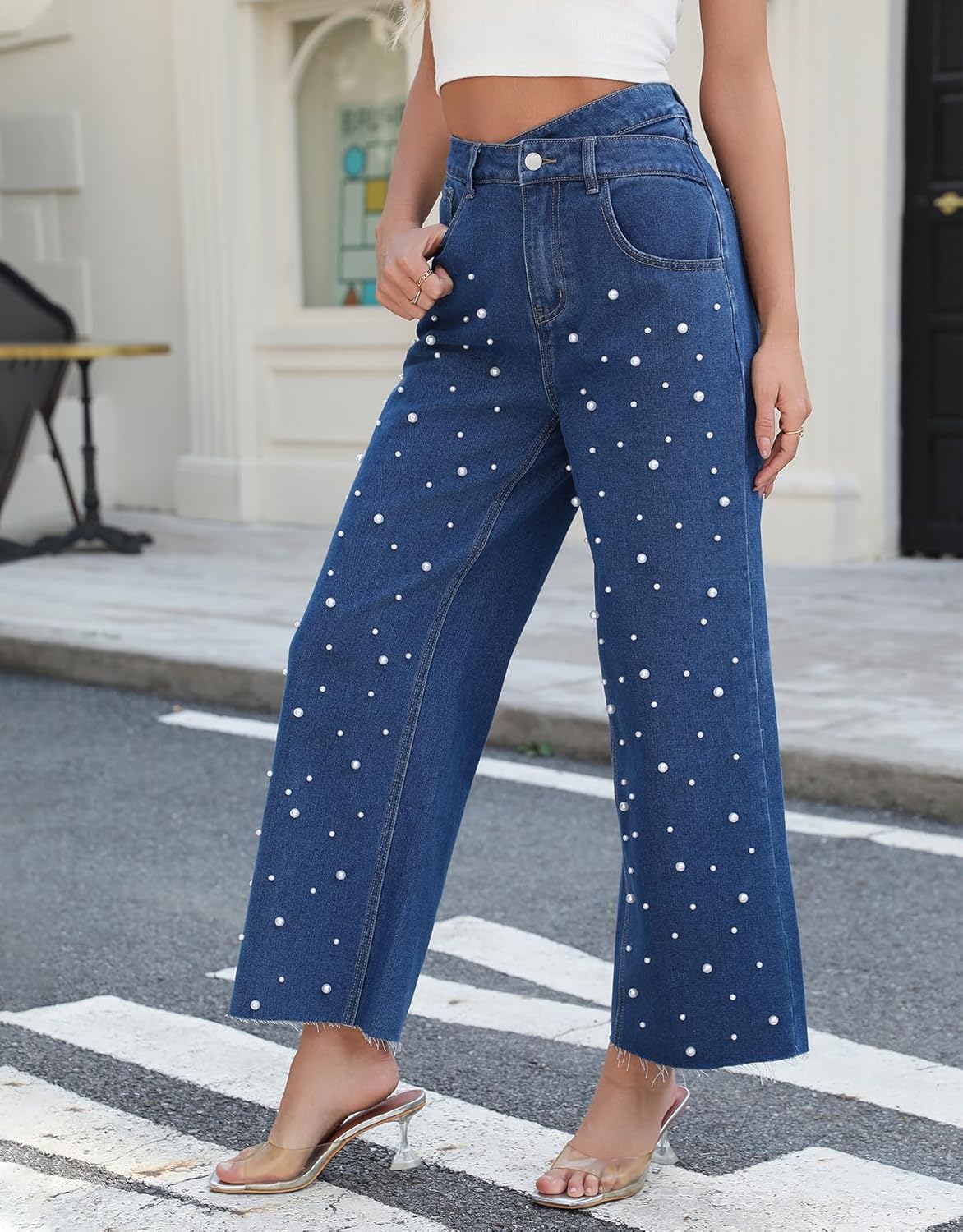 Kedera Womens High Waisted Pearl Jeans Casual Embellished Jeans Crossover Straight Leg Denim Pants with Raw Hem Dark Blue - Image 2