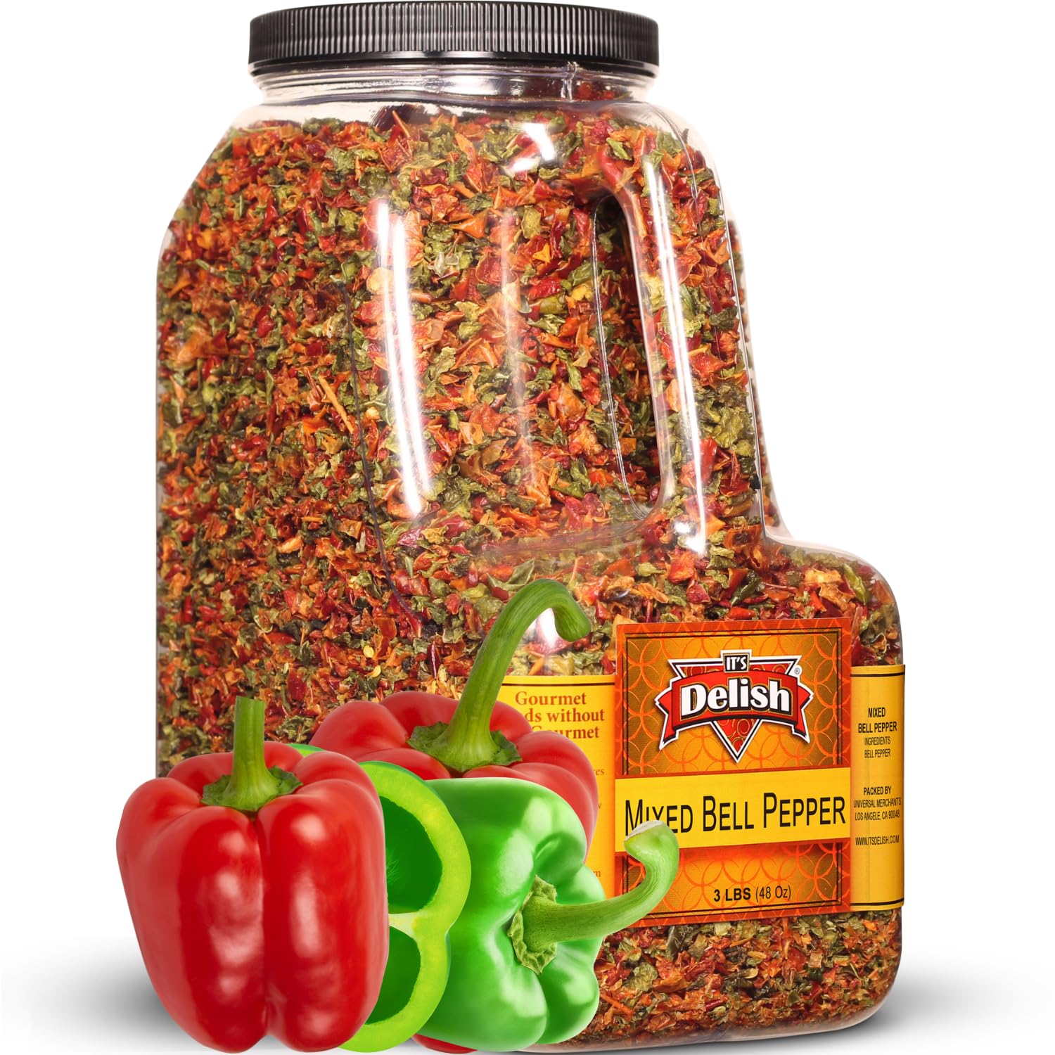 Dehydrated Dried Red and Green Bell Peppers Mix by It's Delish – 48 Oz (3 lbs) Restaurant Gallon Size Jug With handle – Sealed to Maintain Freshness – Chopped & Dried Vegetable Spice Seasoning