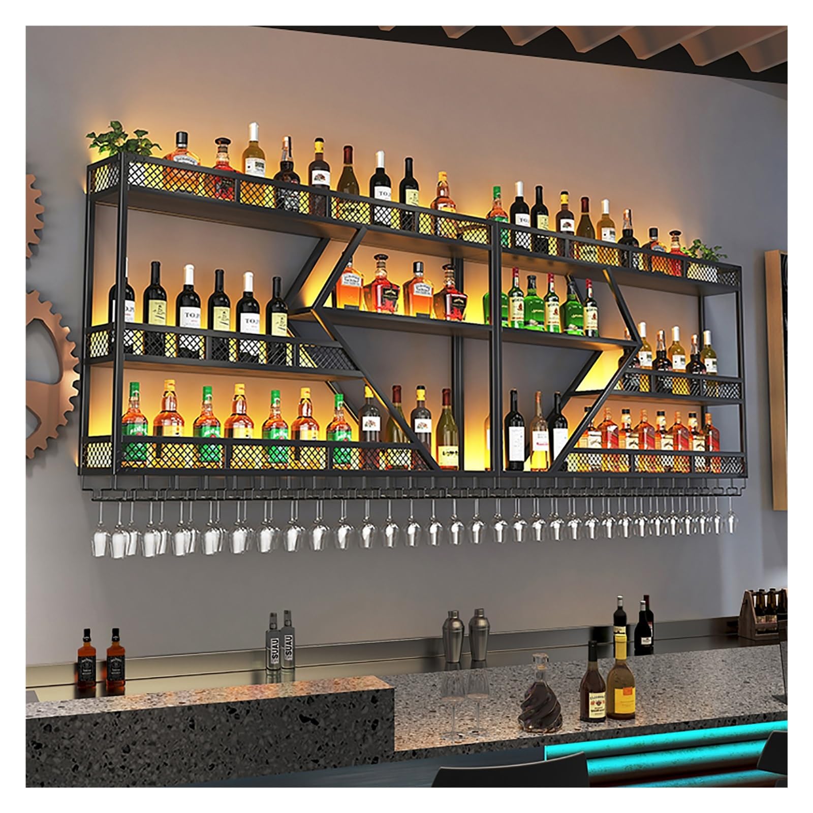 Portabottiglie da Bar Montato a Parete con Luce a LED,mensole da Bar sospese con Supporto per calici da Vino sospesi,espositore per Bottiglie di liquore,scaffali per Vino in Metallo,scaffale da Bar