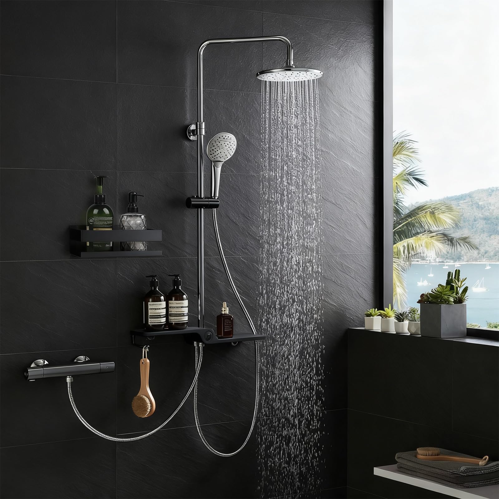EDELZ® Bad doucheplank douchemand zonder boren - shampoohouder voor douche om te plakken, van roestvrij staal met originele 3M kleefpads, 2 beweegbare