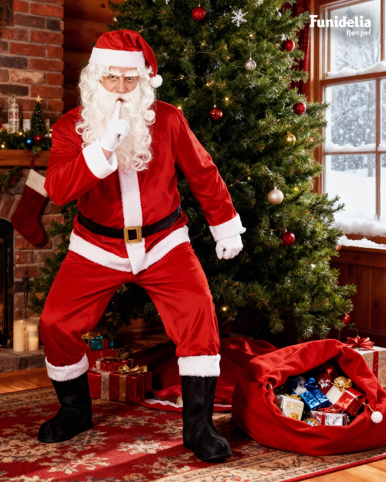 Funidelia Disfraz de Papá Noel Deluxe para hombre, Incluye pantalón, cinturón, chaqueta, cubrebotas y gorro, Navidad - Traje para adultos para fiestas, Carnaval y Halloween - Talla 3XL
