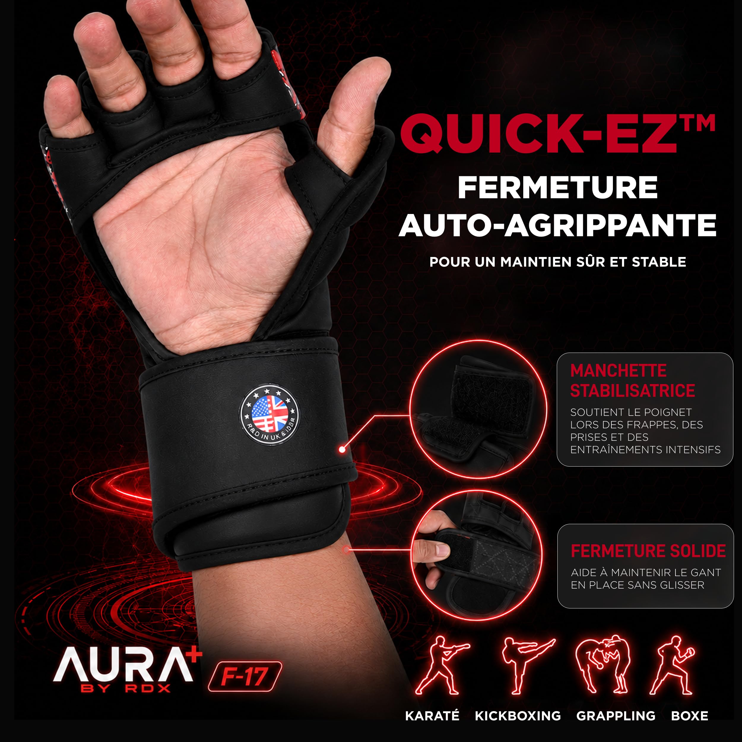 RDX Grappling Gloves Aura Plus F-17, Gants MMA RDX avec Protection renforcée du Pouce, Gants de Sparring MMA pour entraînement et Sparring, Gants MMA en Cuir synthétique pour Hommes et Femmes