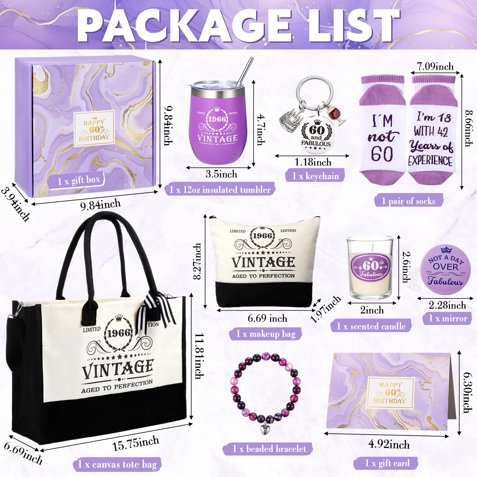 Patelai 8 piezas de regalos de 60 cumpleaños para mujeres, regalos de 60 años para mujer de 60 años, vintage, 1965, cesta de vaso, bolsa de mano, juego de regalos de cumpleaños para mamá de 60 años