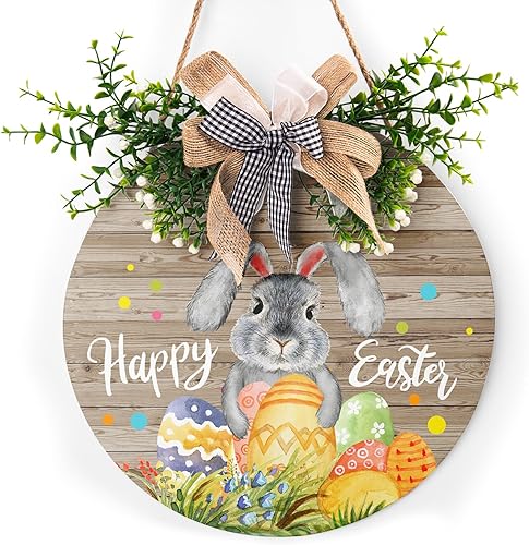 Letrero colgante de madera con texto en inglés Happy Easter para puerta delantera, decoración rústica de puerta de Pascua con lazo, lindos ganchos