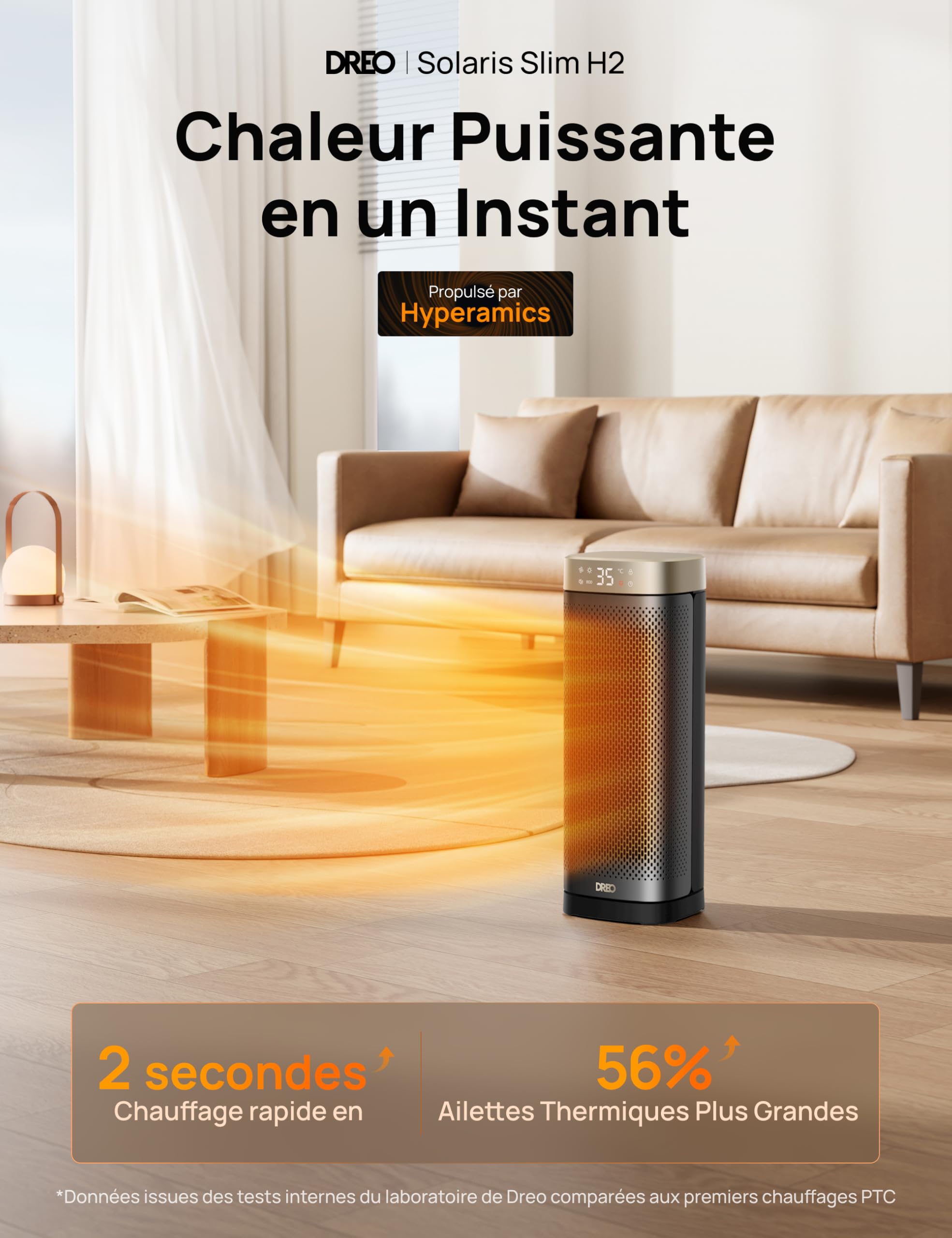 DREO Chauffage soufflant céramique 2000 W économe et silencieux avec thermostat, minuterie 12 h, 3 modes, oscillation 70°, protection anti-surchauffe et anti-basculement, Solaris Slim H2, Or