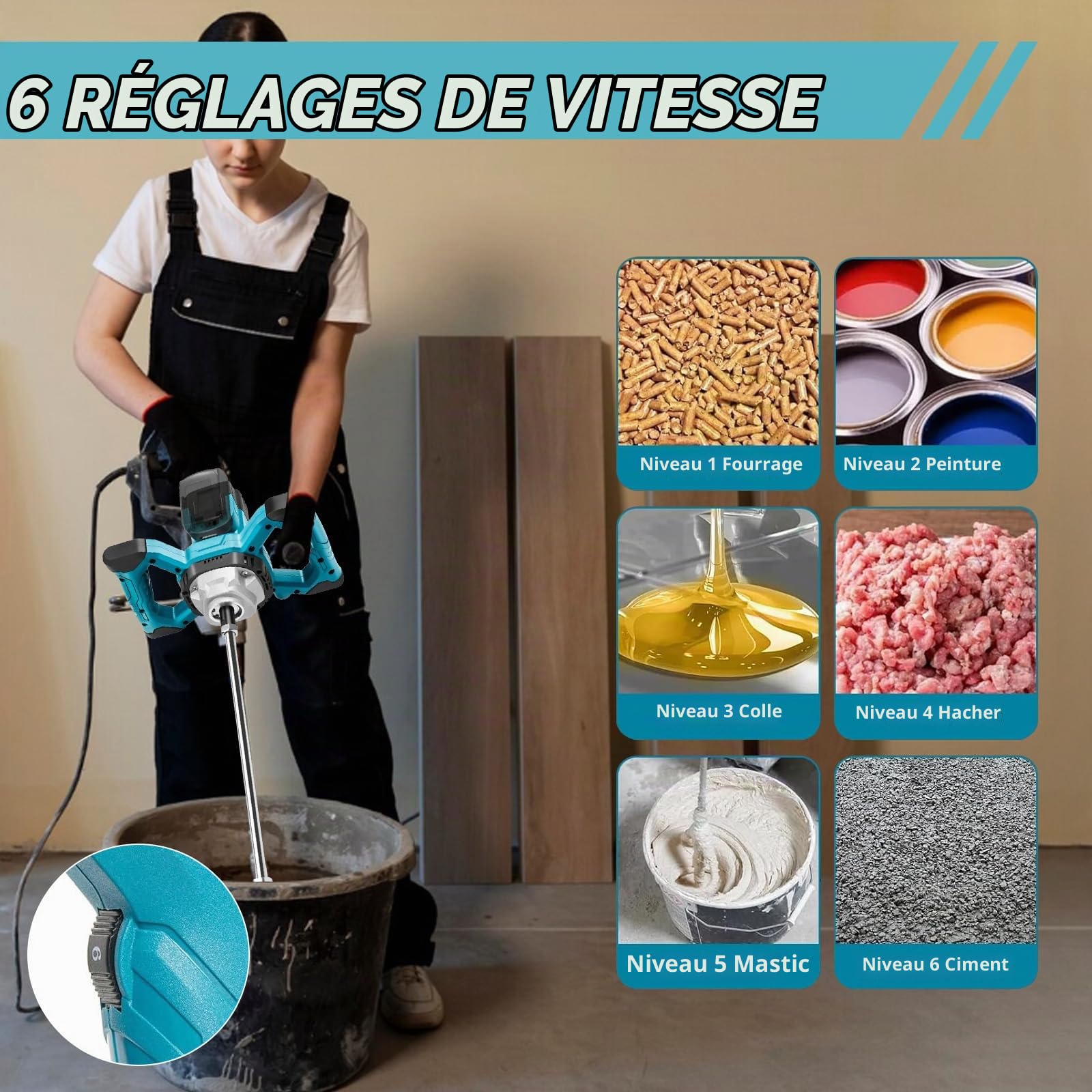 Malaxeur Mortier pour Makita Batterie, 3200W Multi-usagesmélangeur de Béton Sans Fil avec Agitateurs, Tête de Mélange, Clé à Molette et Gants (Max. 680 tr/min, 6 Vitesses, sans Batterie)