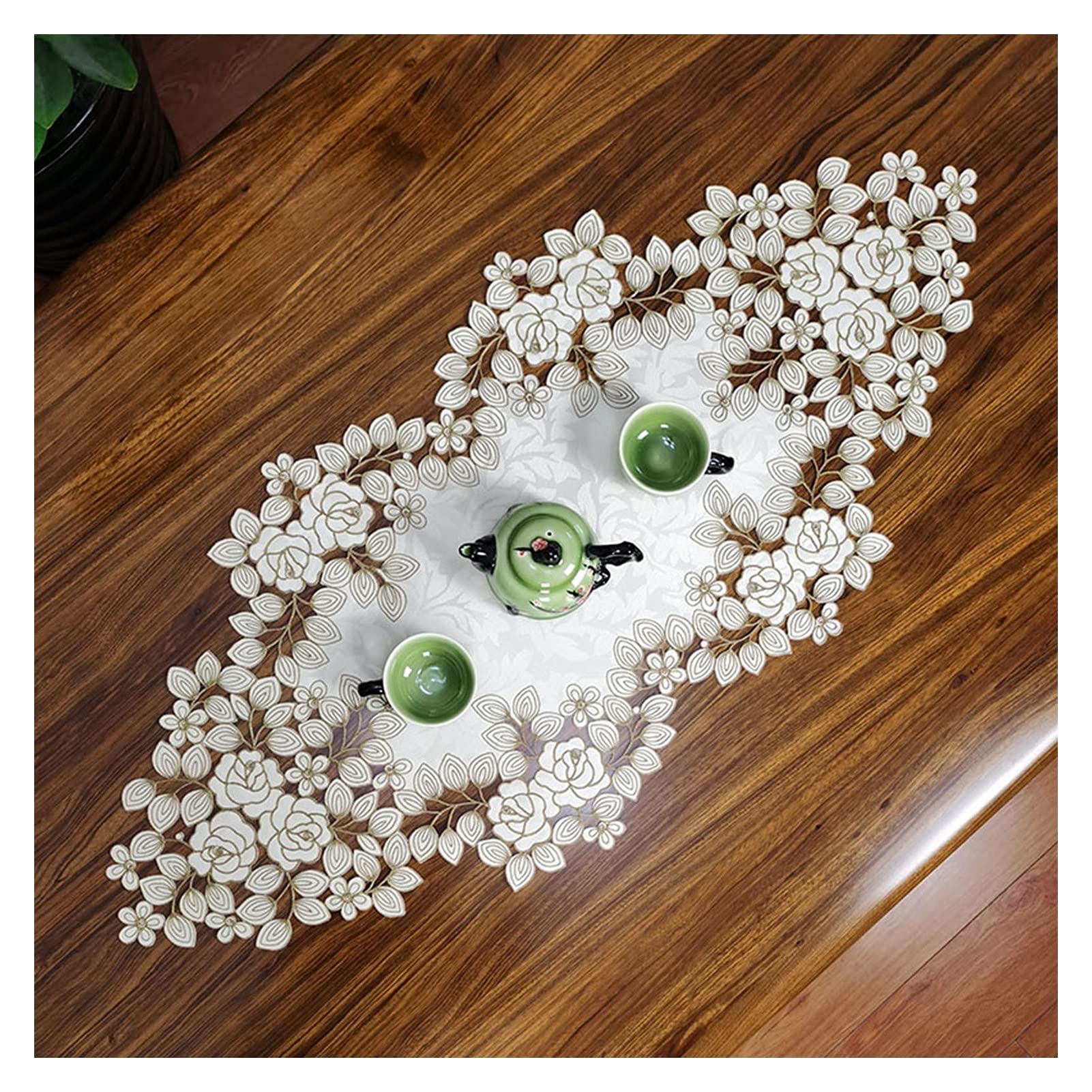 Chemin de table en dentelle brodée pour fête de mariage - Blanc - 40 x 110 cm - Élégante nappe décorative