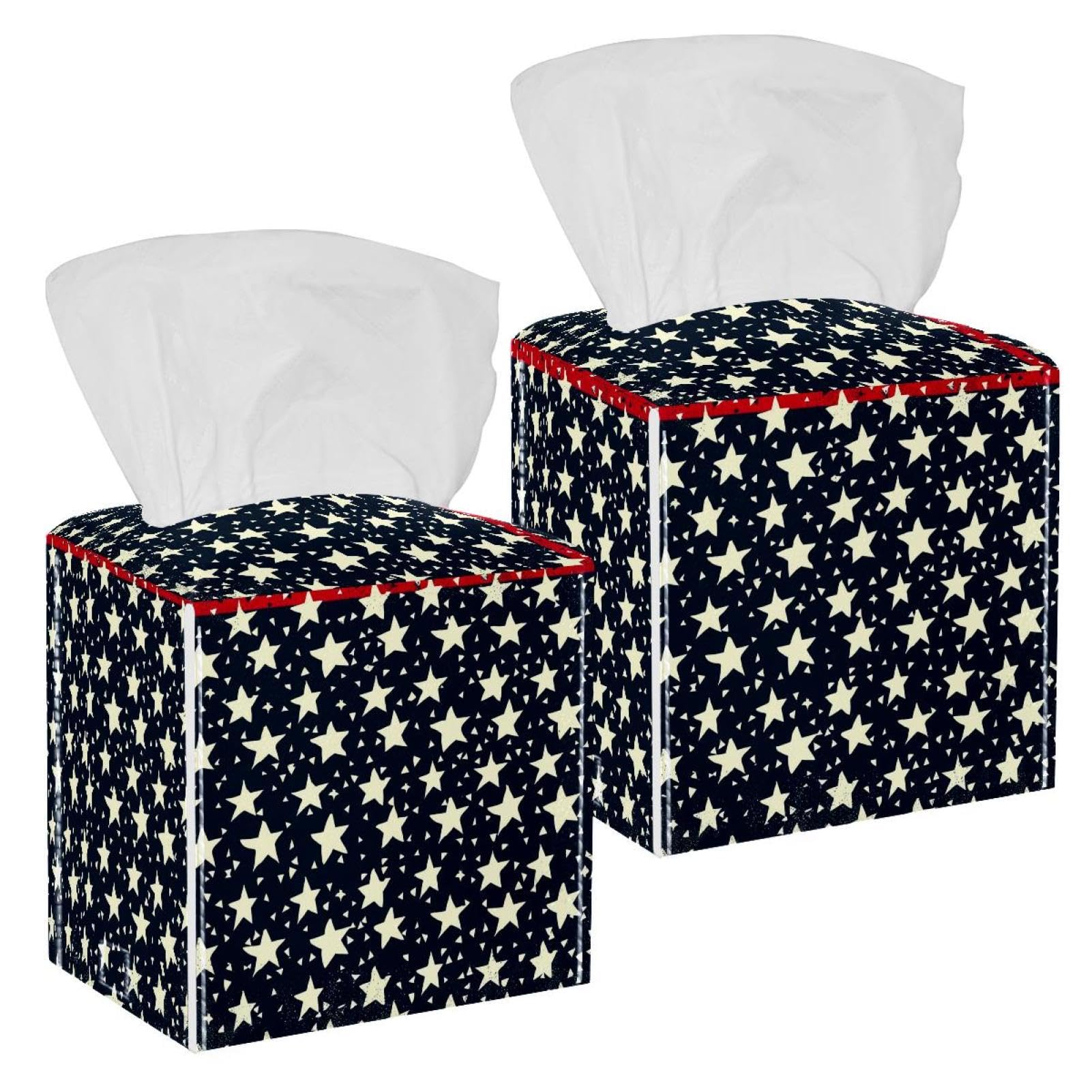 Stars American Flag Tissue Box Cover, 2 Pack PU Leather Square Facial Tissue Dispenser Box holder for Home Office Car
