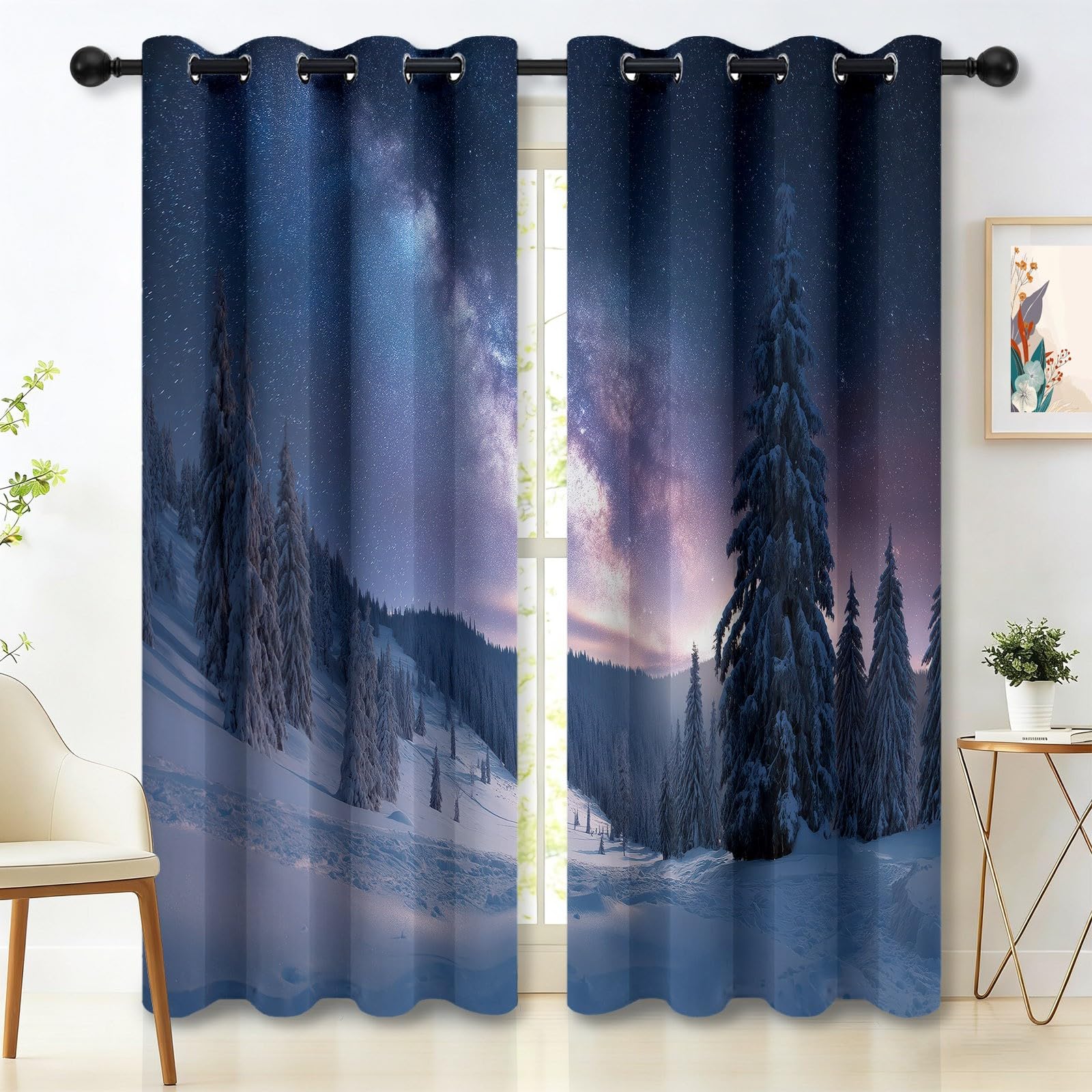 Natürliche Winterlandschaft Mit Schnee Bäume Design Blickdichte Vorhänge H215 x B110 cm (2er Set), Kälteschutz für das Standard-Schlafzimmer, Dunkelblau