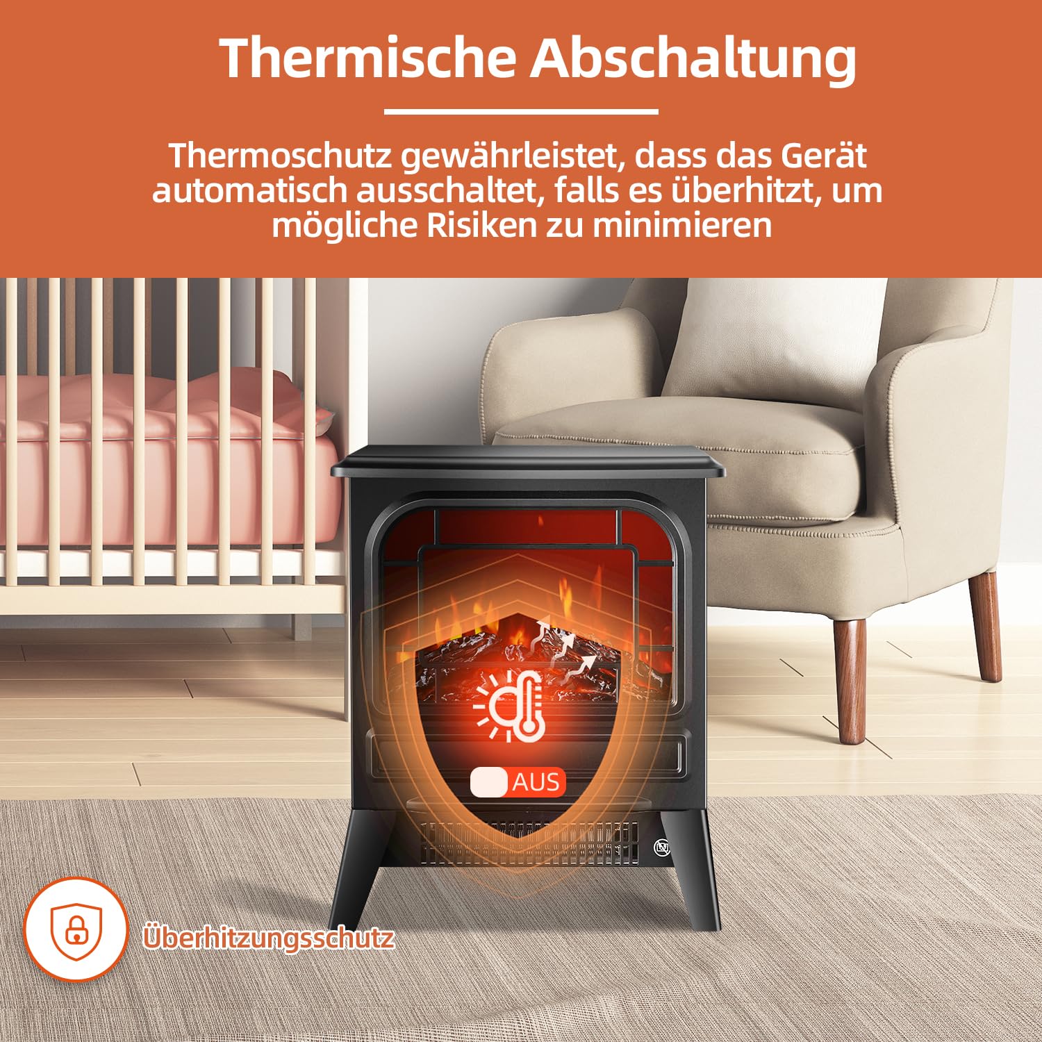 Elektrokamin mit Heizlüfter 1950W Elektro Kamin Elektrischer Heizung LED Kaminfeuer Effekt Kaminofen Flammeneffekt Heizer Ofen geräuscharm regelbar Schwarz