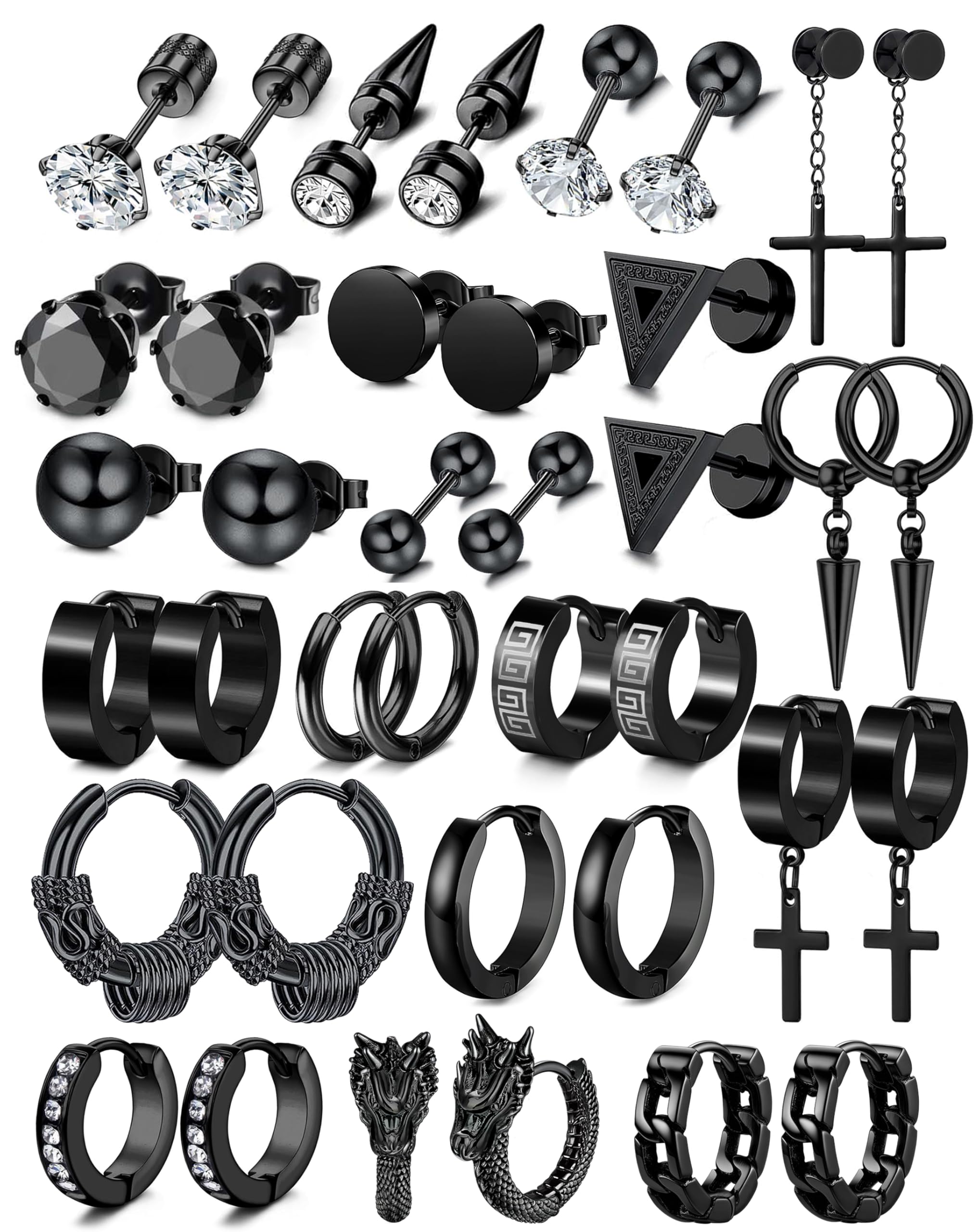 19 Pairs Earrings for Men Cross Hoop Dangle Earrings Stud Kit Stainless Steel Piercing Jewelry Mens Black Studs Earrings Set