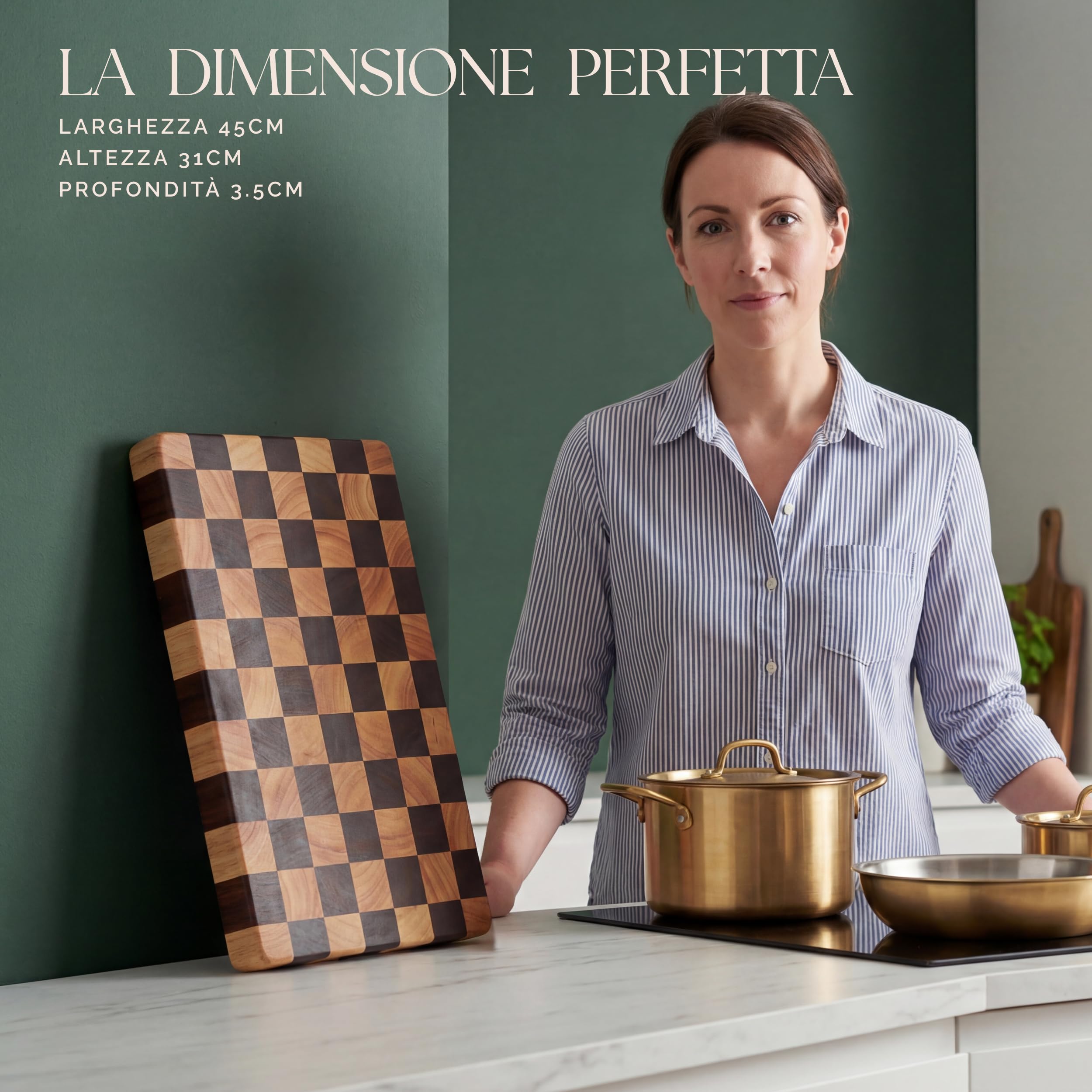 Deer & Oak Tagliere in acacia legno di punta motivo scacchiere e olio alimentare – 45 x 31 x 3,5 cm, blocco macellaio FSC pre-oliato con maniglie, tavola antipasto