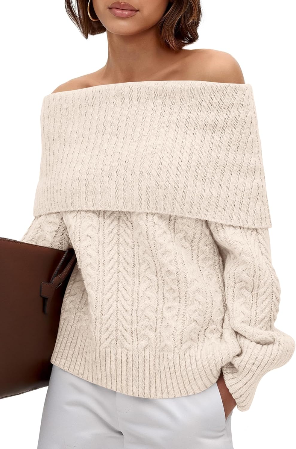 MASCOMODA Womens Sweaters Off The Shoulder Long Sleeve Cable Knit Sweater Loose Chunky Pullover Dressy Work Tops Fall Fashion