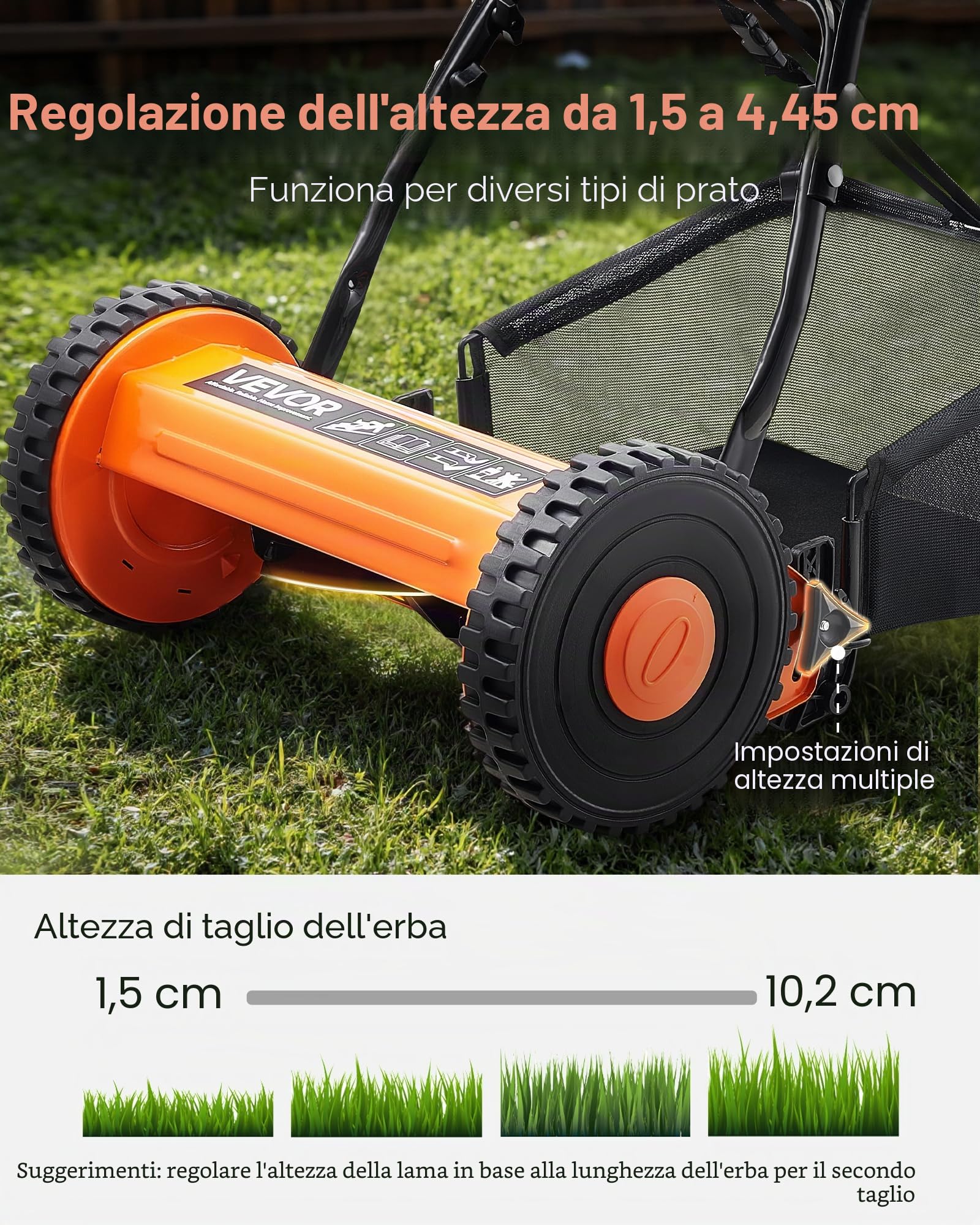 VEVOR Tosaerba a Spinta Manuale con 5 Lame Larghezza di Taglio 400 mm, Senza Motore, Altezza di Taglio Regolabile da 15-45 mm, Rasaerba a Spinta con Sacco Raccoglierba per Giardino Prato