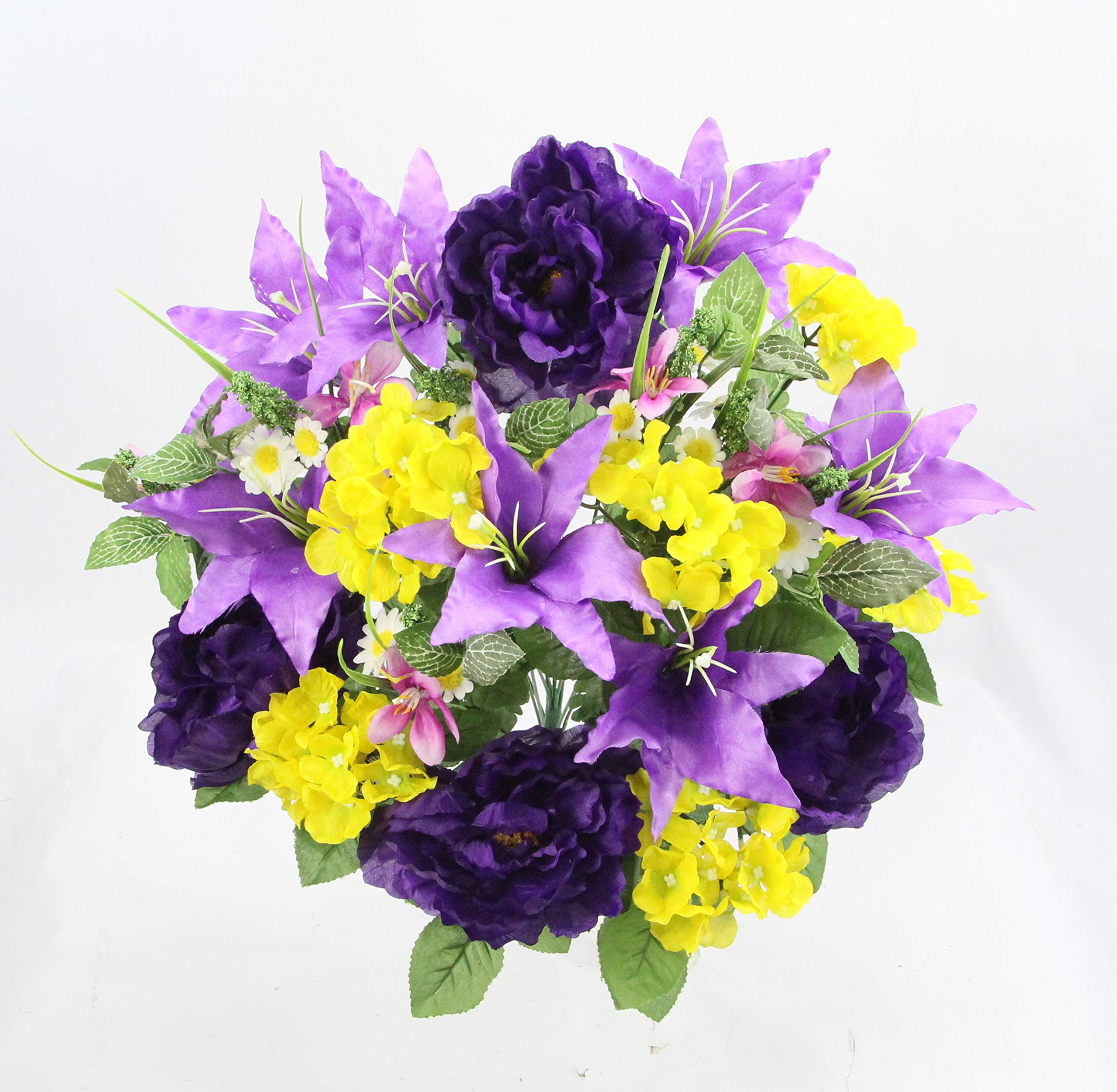 Admired By Nature Artificial Full Blooming Tiger Lily, Peony & Hydrangea with Green Foliage Mixed Flowers Bush, Purple