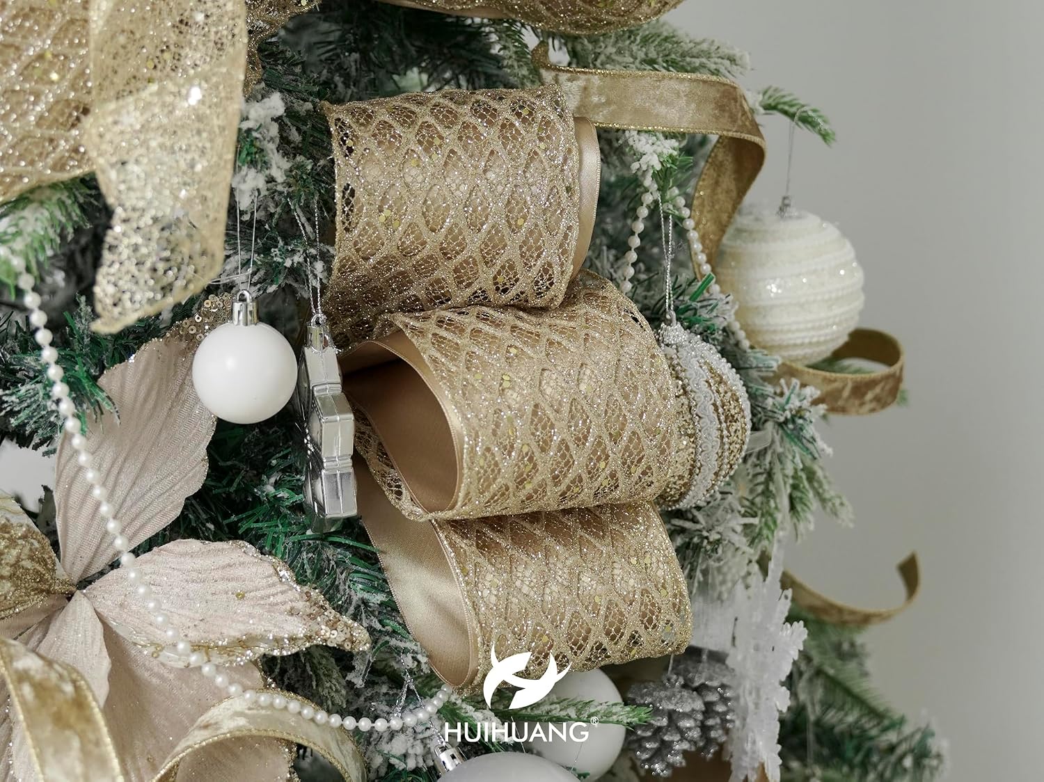 HUIHUANG Champagne Glitter Wired Ribbon 4 inch Wide Champagne Gold Diamond Mesh Wire Christmas Ribbon for Tree Decor, Gift Wrapping, Large Bows, Wreath Supplies, Garlands- Continuous 10 Yards