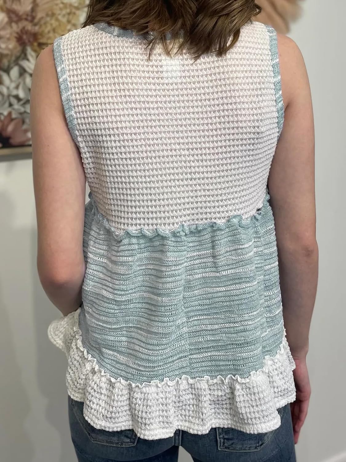 HOULENGS Women's Summer V Neck Babydoll Tank Tops Sleeveless Waffle Knit Peplum Blouses Color-Block Ruffle Hem Flowy Shirts - Image 2