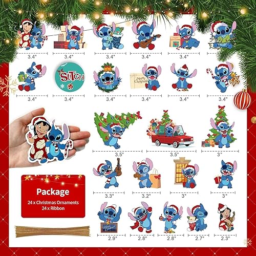 Miniatura 3 de TIMLEEVI Stich - Decoraciones de madera para árbol de Navidad, 24 piezas de adornos para árbol de Navidad, adornos navideños navideños para