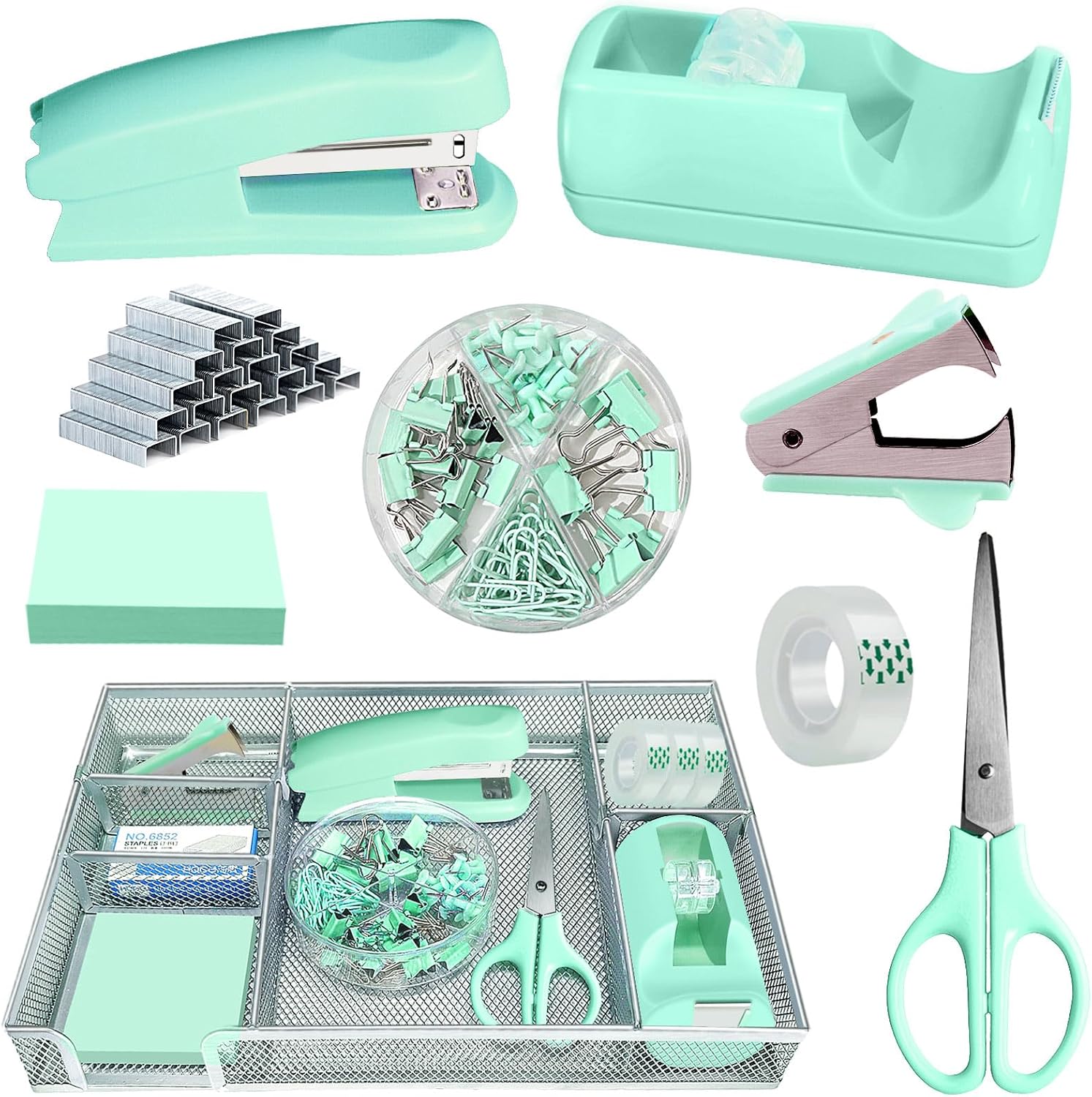 Green Office Desk Accessories, Green Office Supplies Set, Desk Drawer Organizer,Stapler and Tape Dispenser Set,Tape,Staple Remover, Staples, Paper Clips, Scissor and Sticky Note